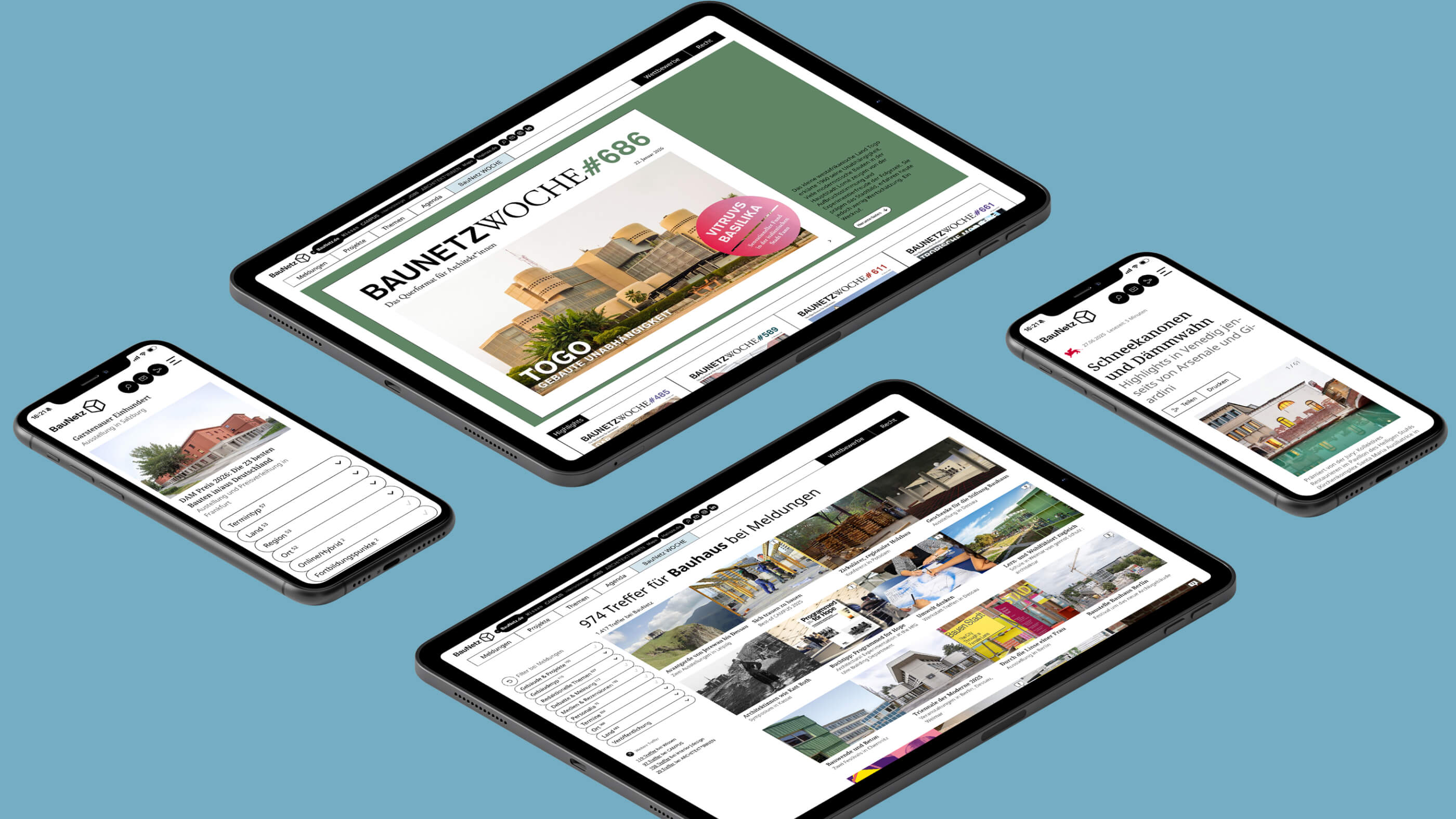 Collage aus Mockups mit Screenshots von vier Seiten von baunetz.de