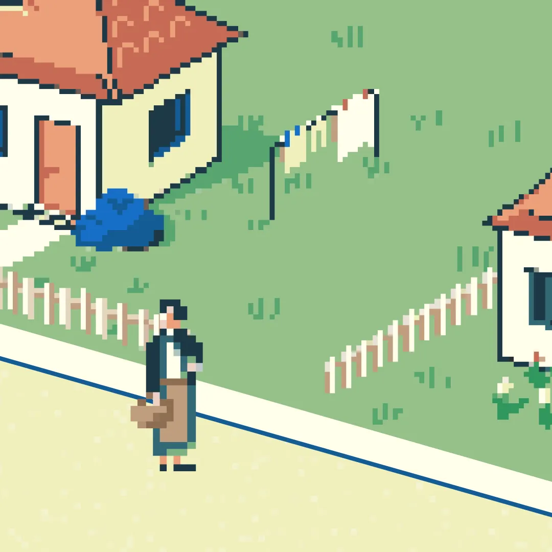 Square pixel art section of the game world. The character Clara is standing on a bright path with a basket on her arm. To the left and right are whitewashed houses with red tile roofs and blue windows. In the background is a garden with a clothesline hung with white laundry.