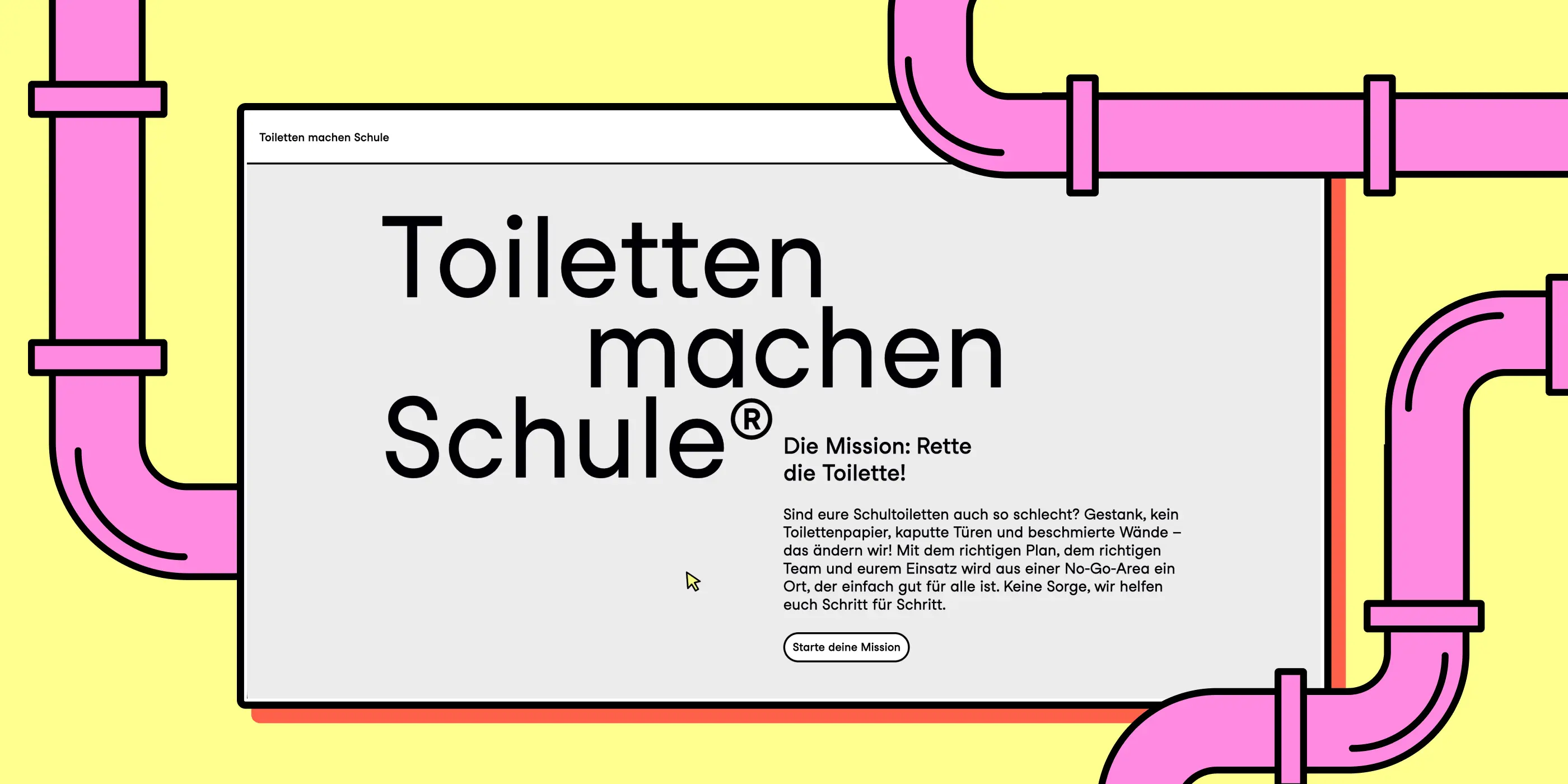 Eine Grafik aus Rohren umfasst einen Screenshot der Startseite von Toiletten machen Schule