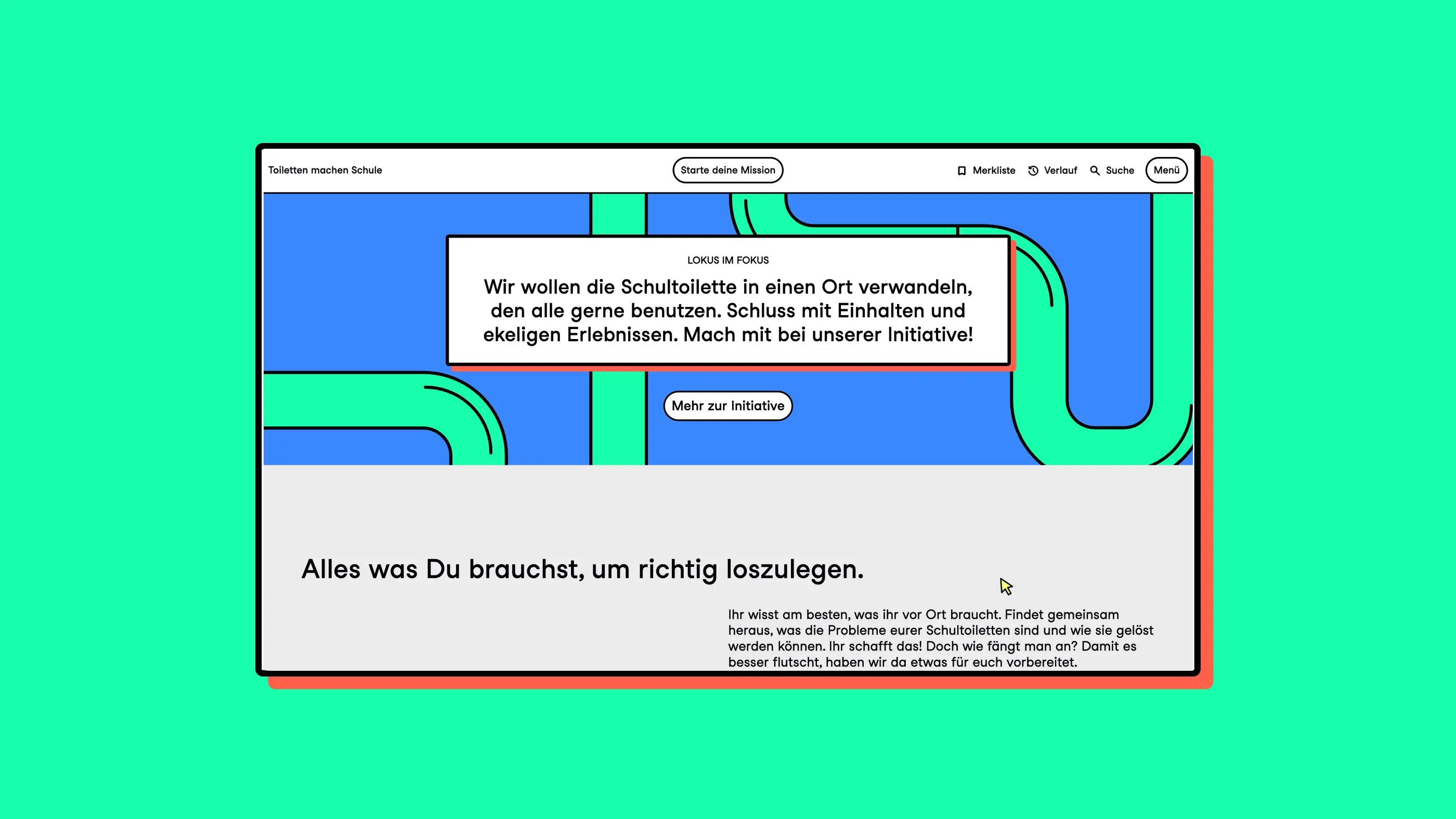 Grafik als Mix aus Screenhots der Seite von Toiletten machen Schule und abstrakten, bunten Schmuckelementen 