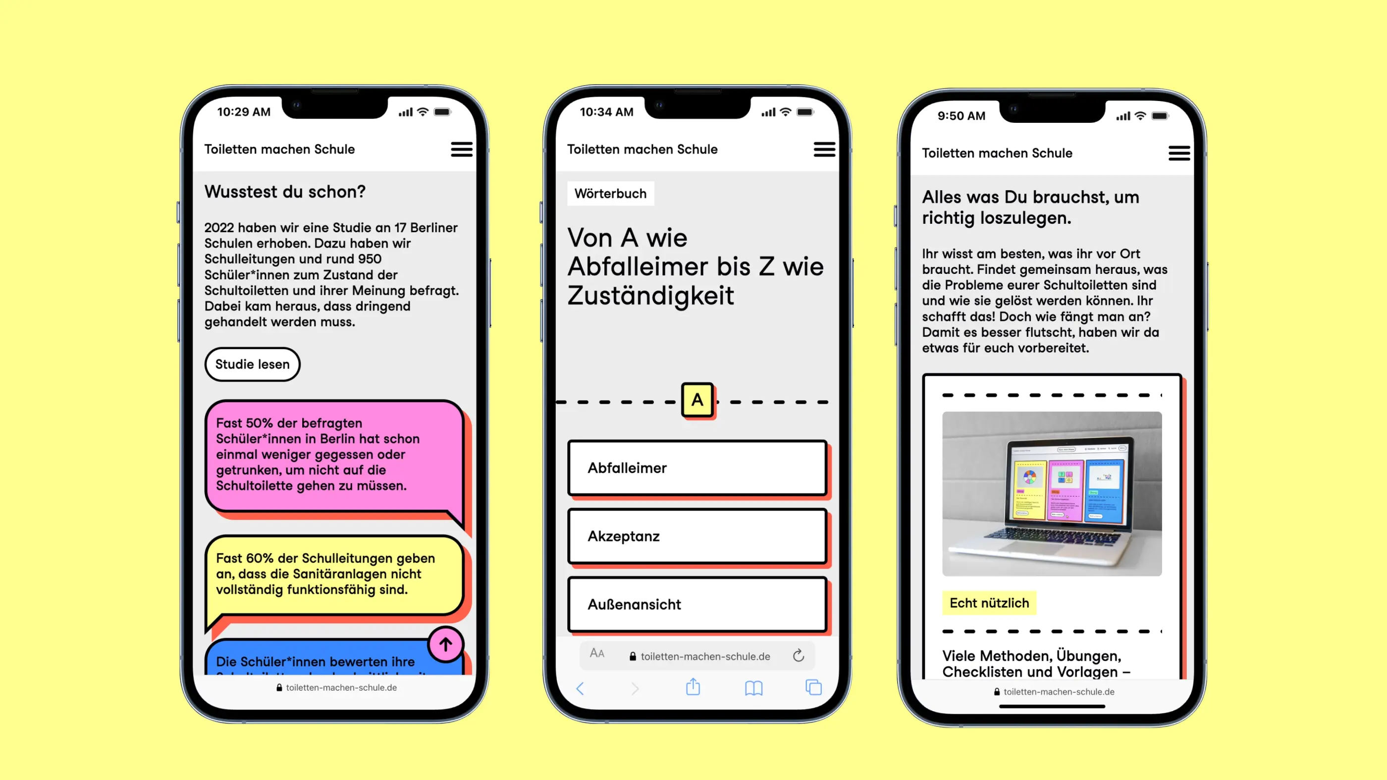 Grafik als Mix aus Screenhots der Seite von Toiletten machen Schule und abstrakten, bunten Schmuckelementen 
