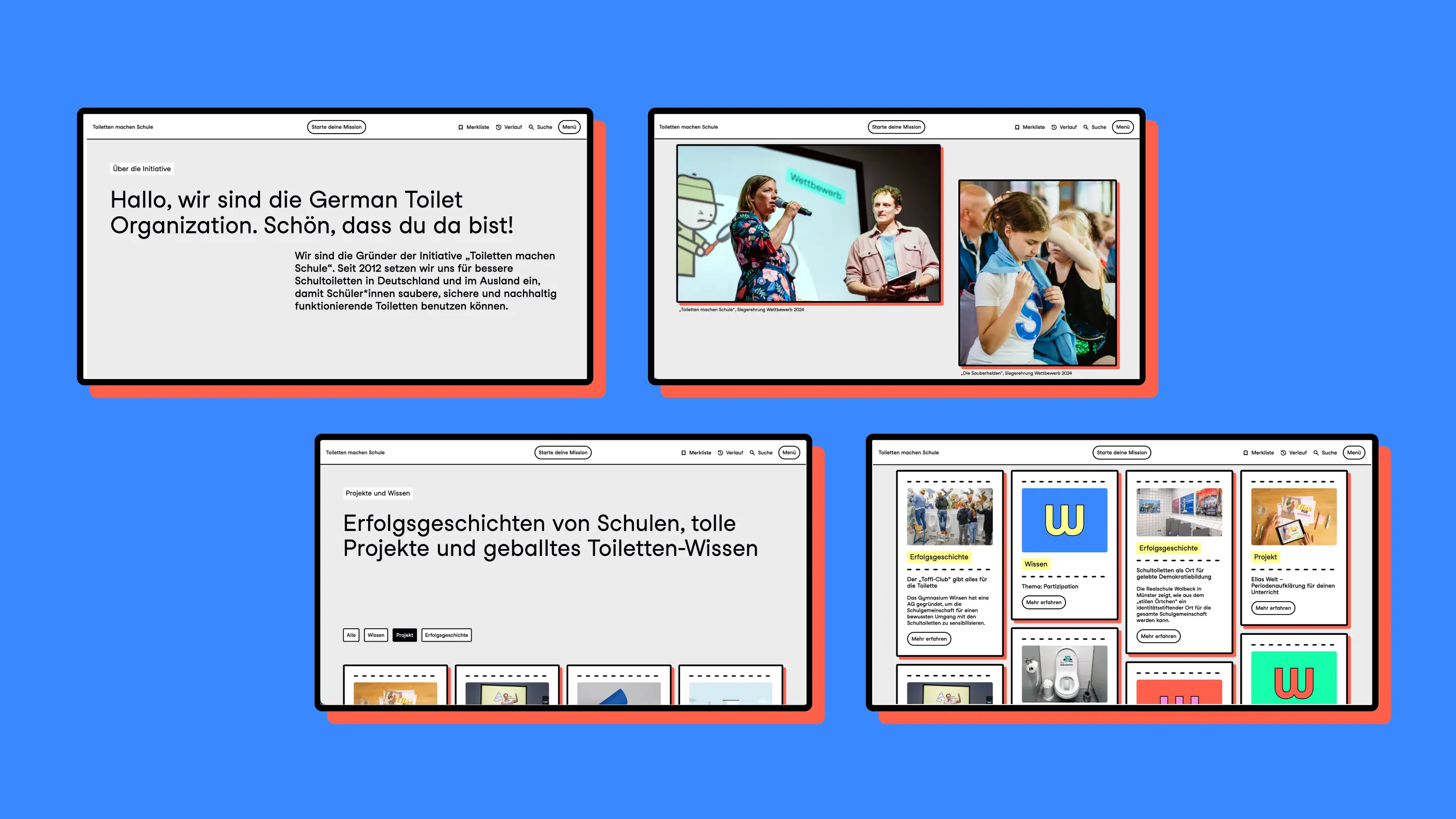 Grafik als Mix aus Screenhots der Seite von Toiletten machen Schule und abstrakten, bunten Schmuckelementen 