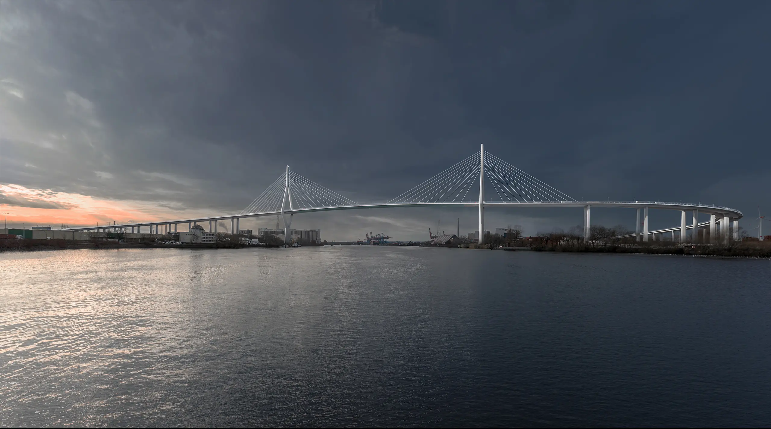 Rendering der neuen Köhlbrandbrücke in Hamburg © GRASSL, sbp, WTM, gmp, PPL / Renderings Gärtner + Christ