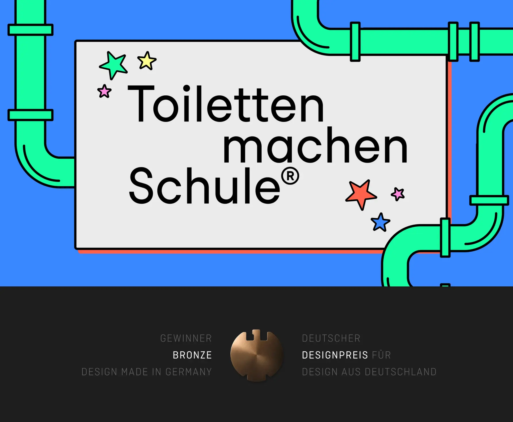 Screenshot von Toiletten machen Schule und dem Siegel der Auszeichnung für Deutschen Designpreis von Design made in GermanyM