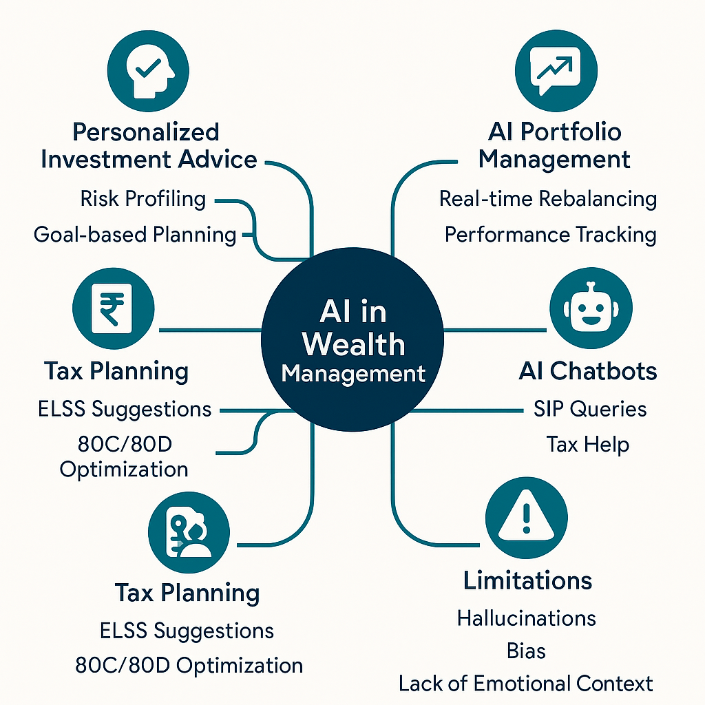 Thumbnail Image A mind map style flowchart illustrating how AI is transforming wealth management in India. Central node: 'AI in Wealth Management'. Branches include: 1) Personalized Investment Advice (sub-branches: risk profiling, goal-based planning), 2) AI Portfolio Management (sub-branches: real-time rebalancing, performance tracking), 3) AI Chatbots (sub-branches: SIP queries, tax help), 4) AI for Advisors (sub-branches: predictive analytics, risk alerts), 5) Tax Planning (sub-branches: ELSS suggestions, 80C/80D optimization), 6) Limitations (sub-branches: hallucinations, bias, lack of emotional context). Style: clean, modern, with icons for each node. Color palette: teal, navy blue, and white. Image size: 800x400px.