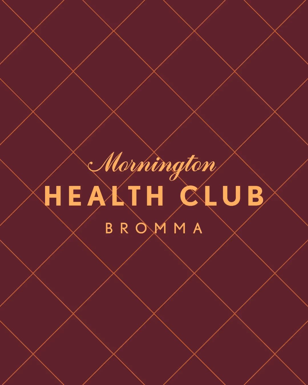 Logo of Mornington Health Club Bromma on a burgundy grid background