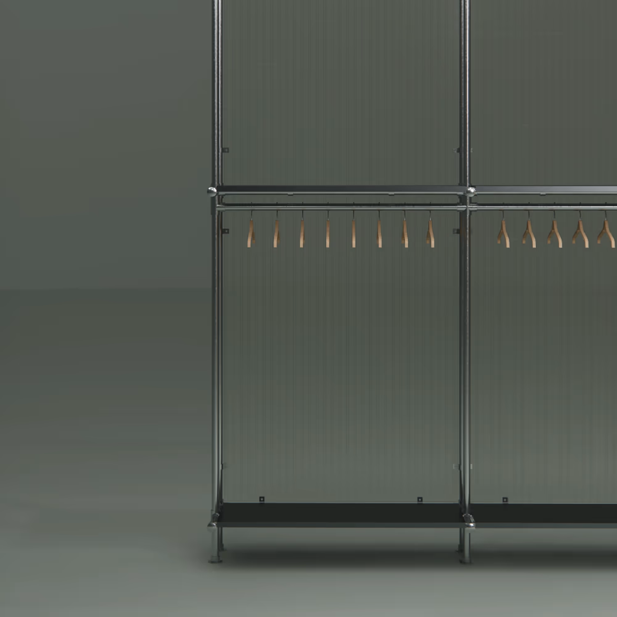 Minimalist coat rack structure with metal frame, translucent panels, and wooden hangers.