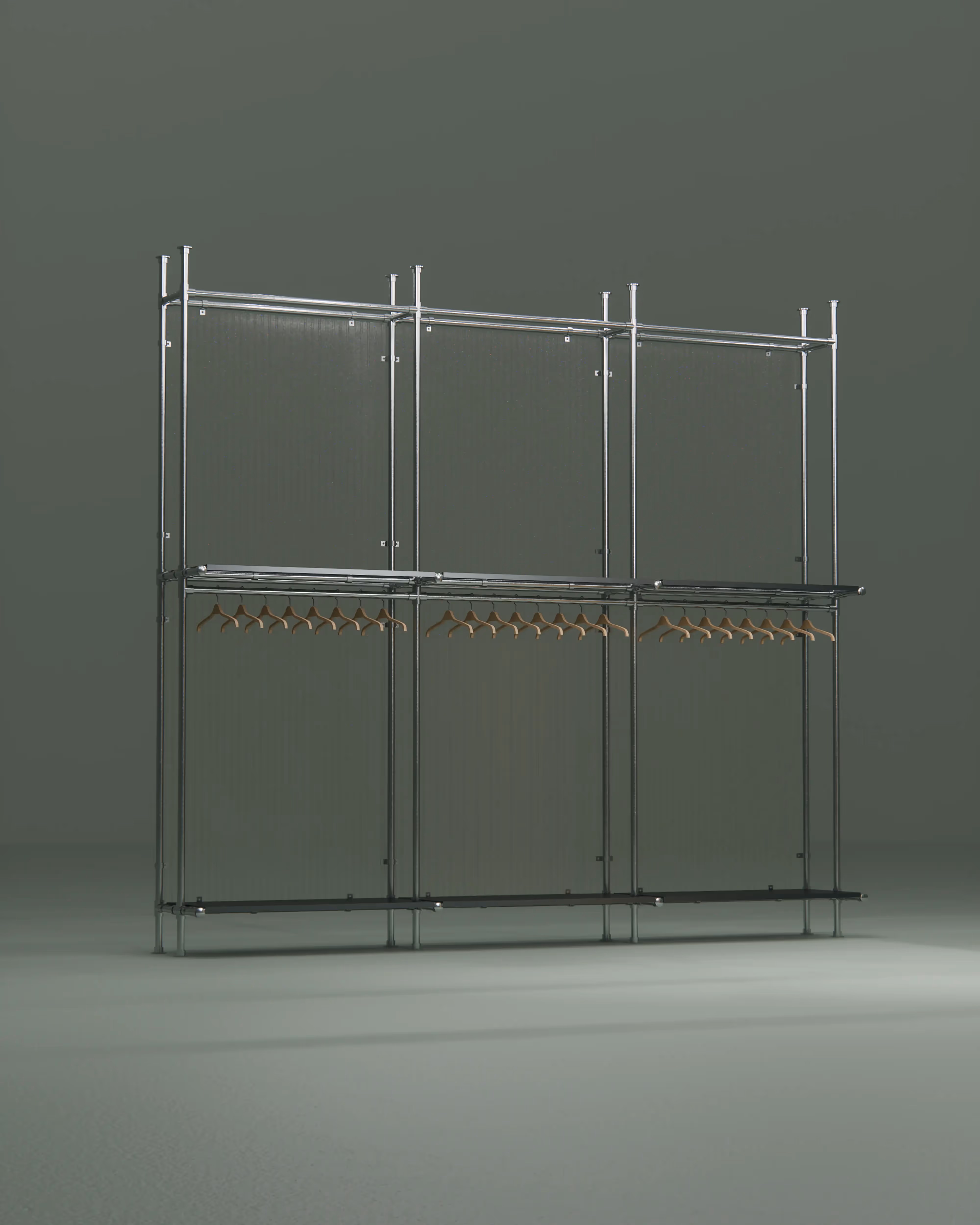 Minimalist coat rack structure with metal frame, translucent panels, and wooden hangers.