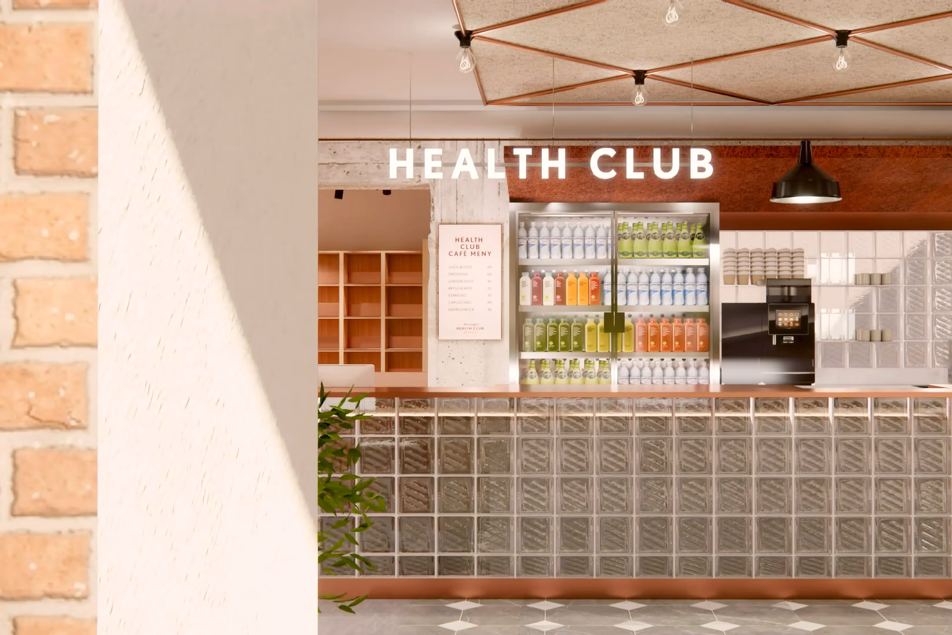 Health club café counter with glass blocks, drinks, coffee machine, and fresh fruit