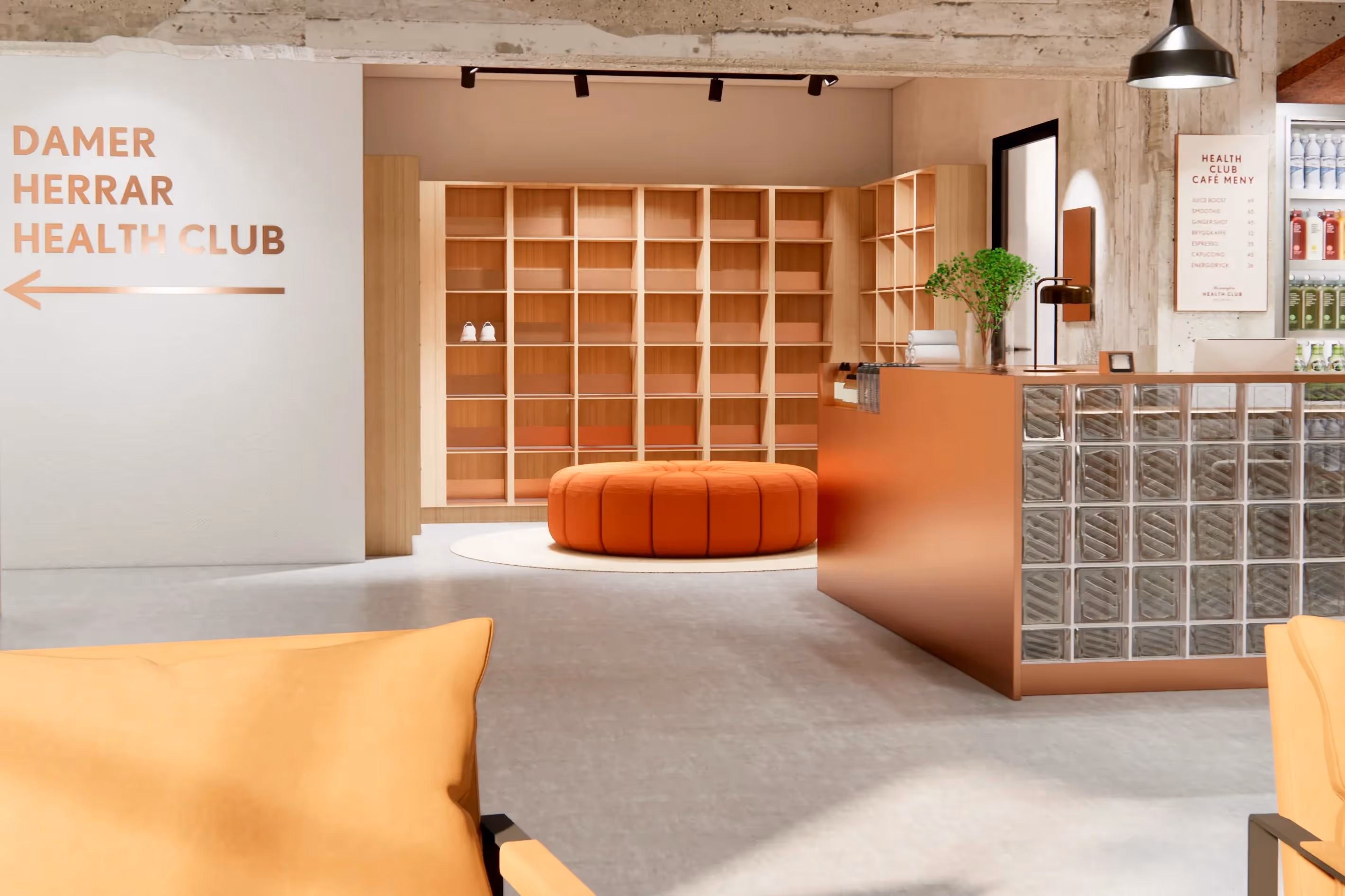 Mornington Health Club reception with orange seating, wood shelves, and glass-block desk