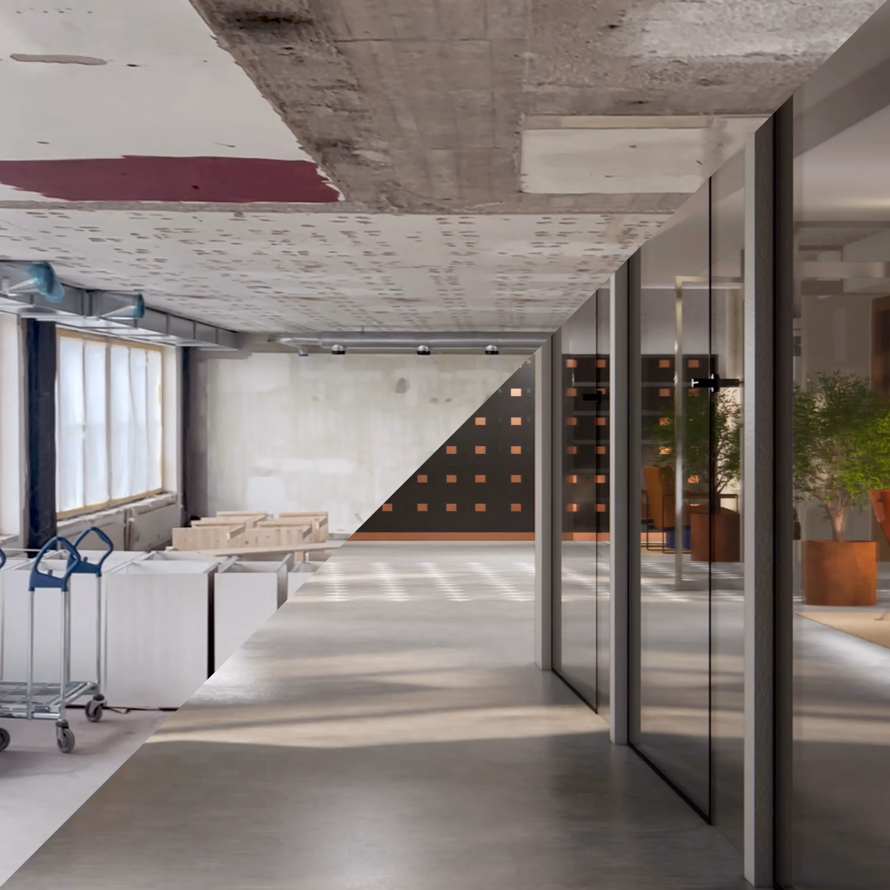 Before-and-after of a corner seating area, from wooden framing to a finished warm and inviting lounge space