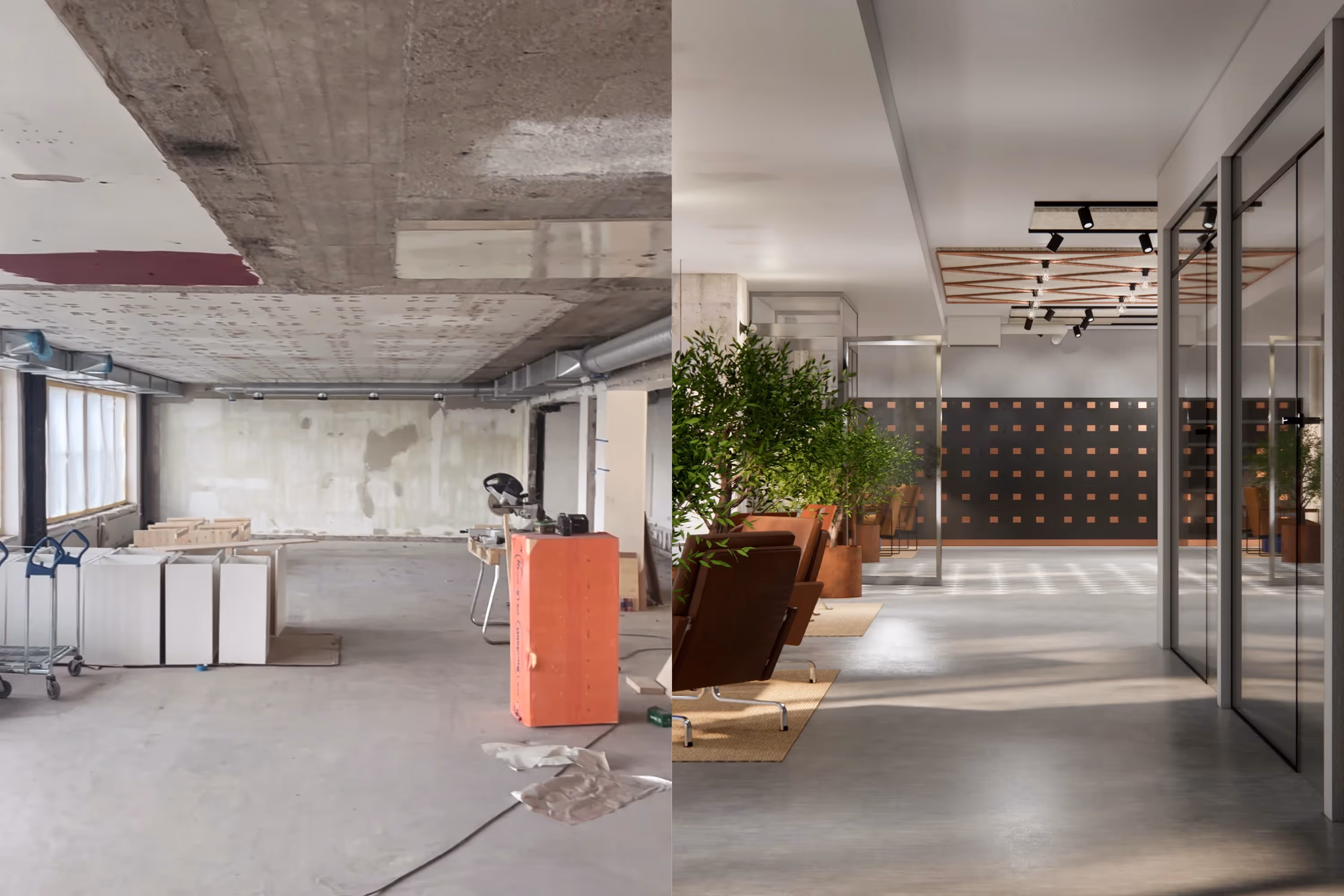 Before-and-after of the health club space, from raw construction to a finished, welcoming interior