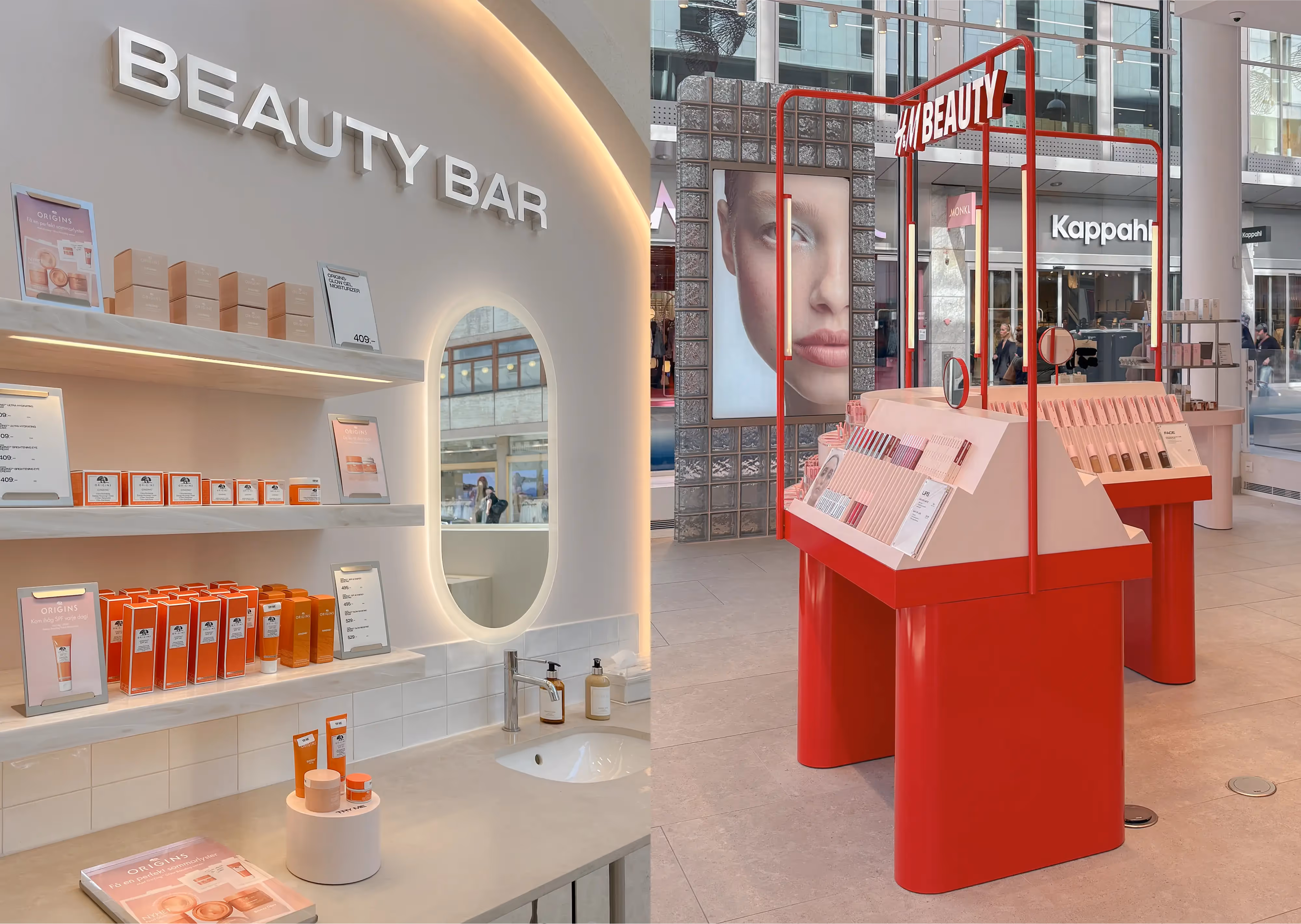 A sleek H&M Beauty display featuring a minimalist skincare counter with a built-in sink and a bold red makeup station showcasing products