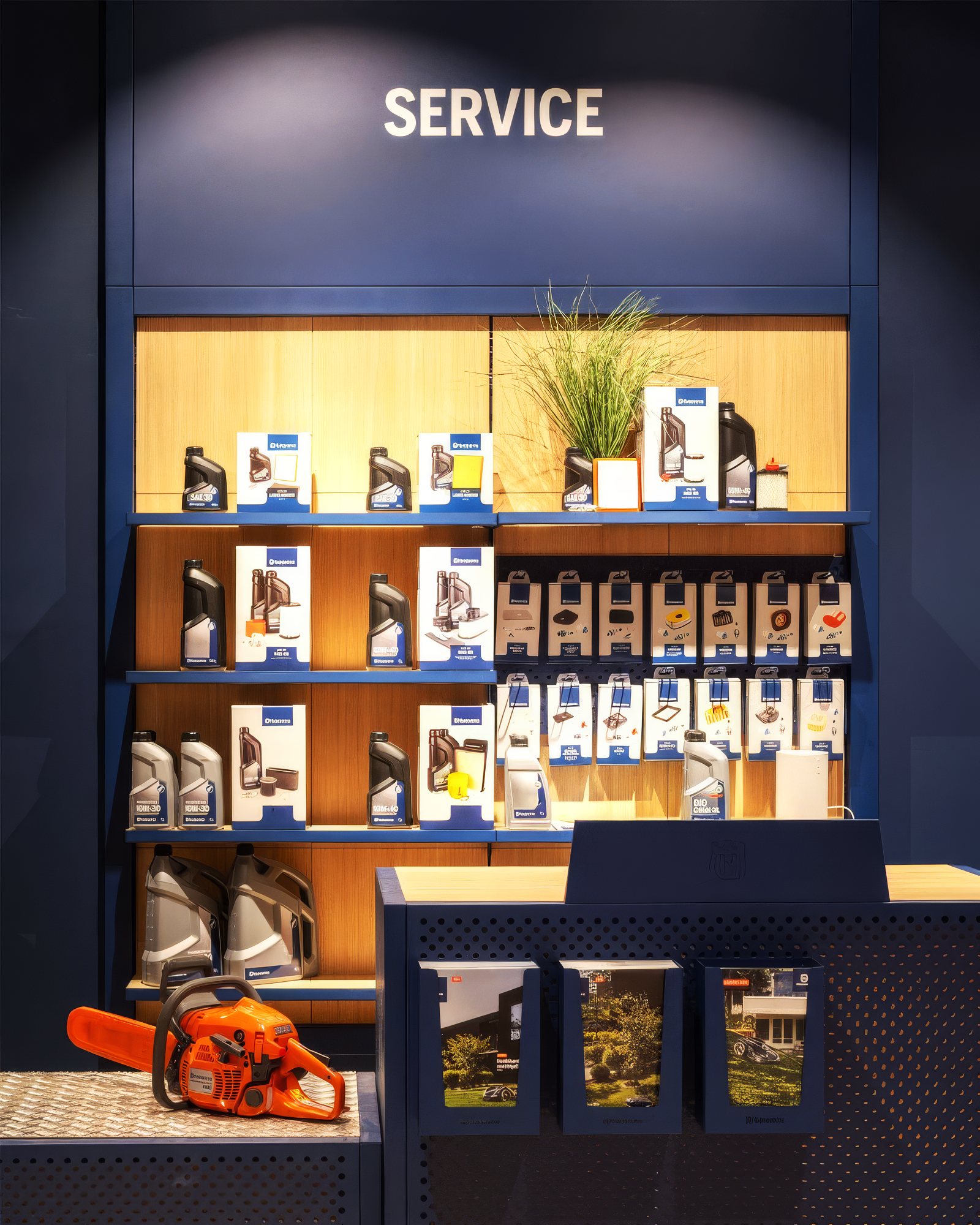 Husqvarna service area with accessories and equipment against a blue wall