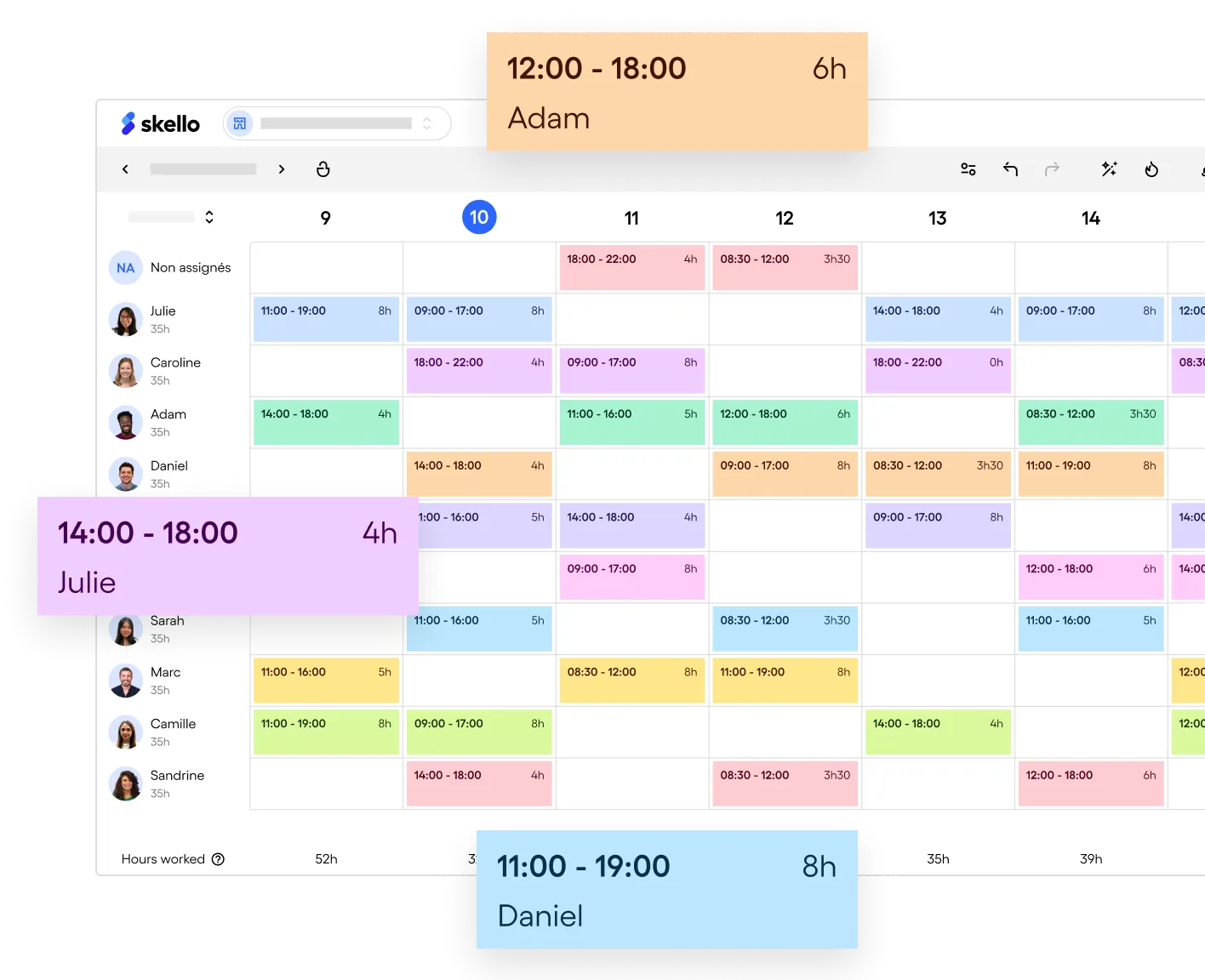 Planning hebdomadaire coloré avec champs horaires pour plusieurs employés nommés Julie, Caroline, Adam, Daniel, Sarah, Marc, Camille et Sandrine.