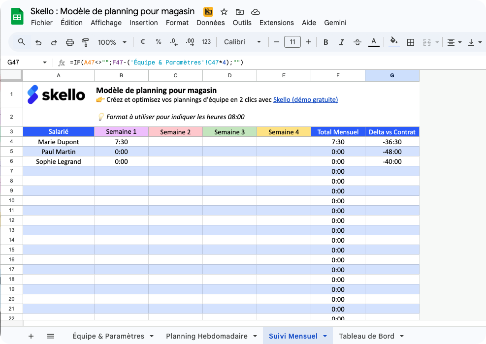 Modèle de planning Excel pour planning de magasin