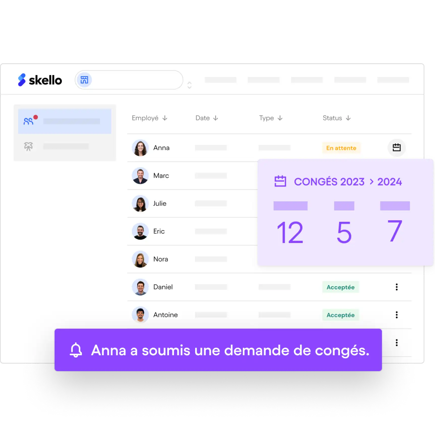 Interface de gestion des congés montrant les employés Anna, Marc, Julie, Eric, Nora, Daniel et Antoine avec leurs statuts de demande, une fenêtre affiche les congés 2023-2024 et une notification indique qu'Anna a soumis une demande de congés.