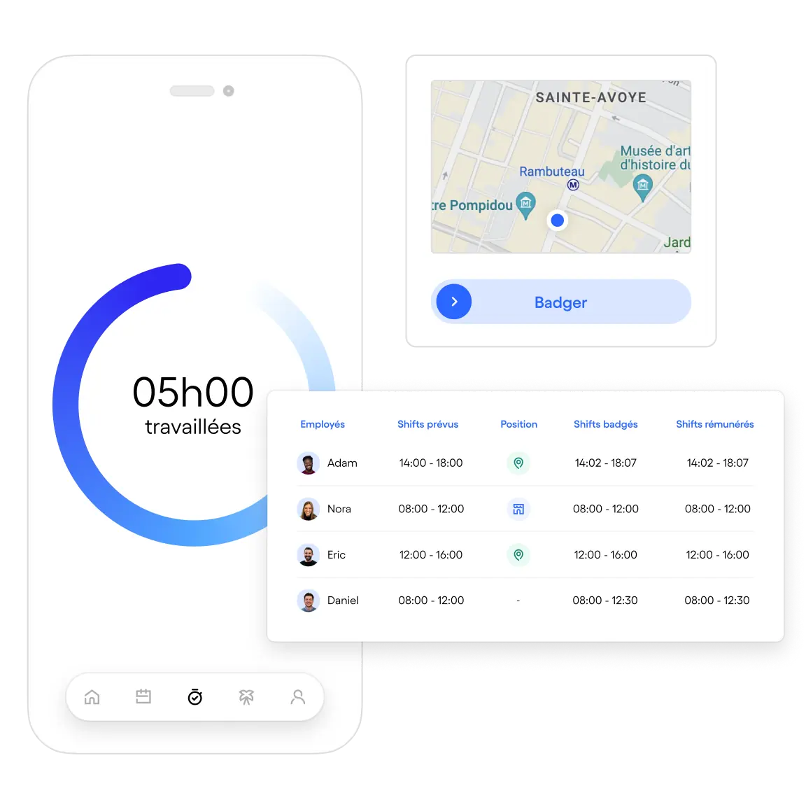 Interface d'application affichant 5 heures travaillées sur un smartphone, une carte avec localisation et un tableau listant les employés, horaires, positions, heures pointées et rémunérées.