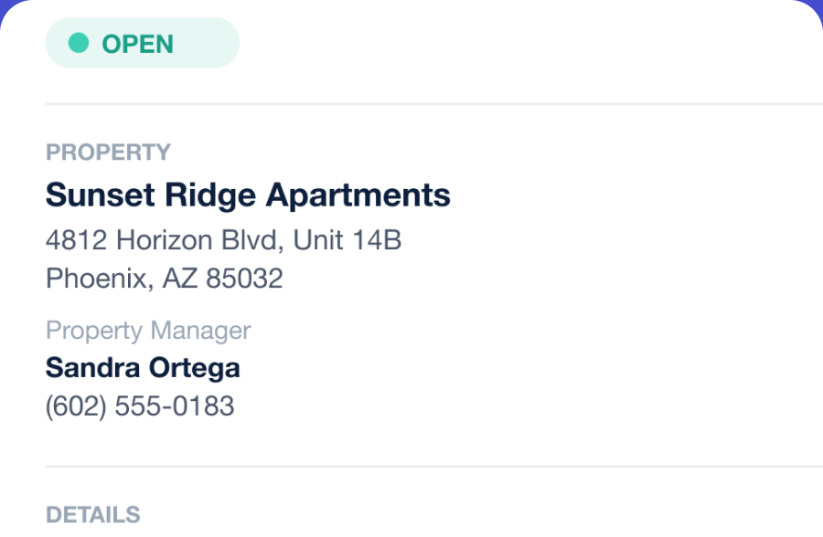 Sibi work order showing the property address and property manager