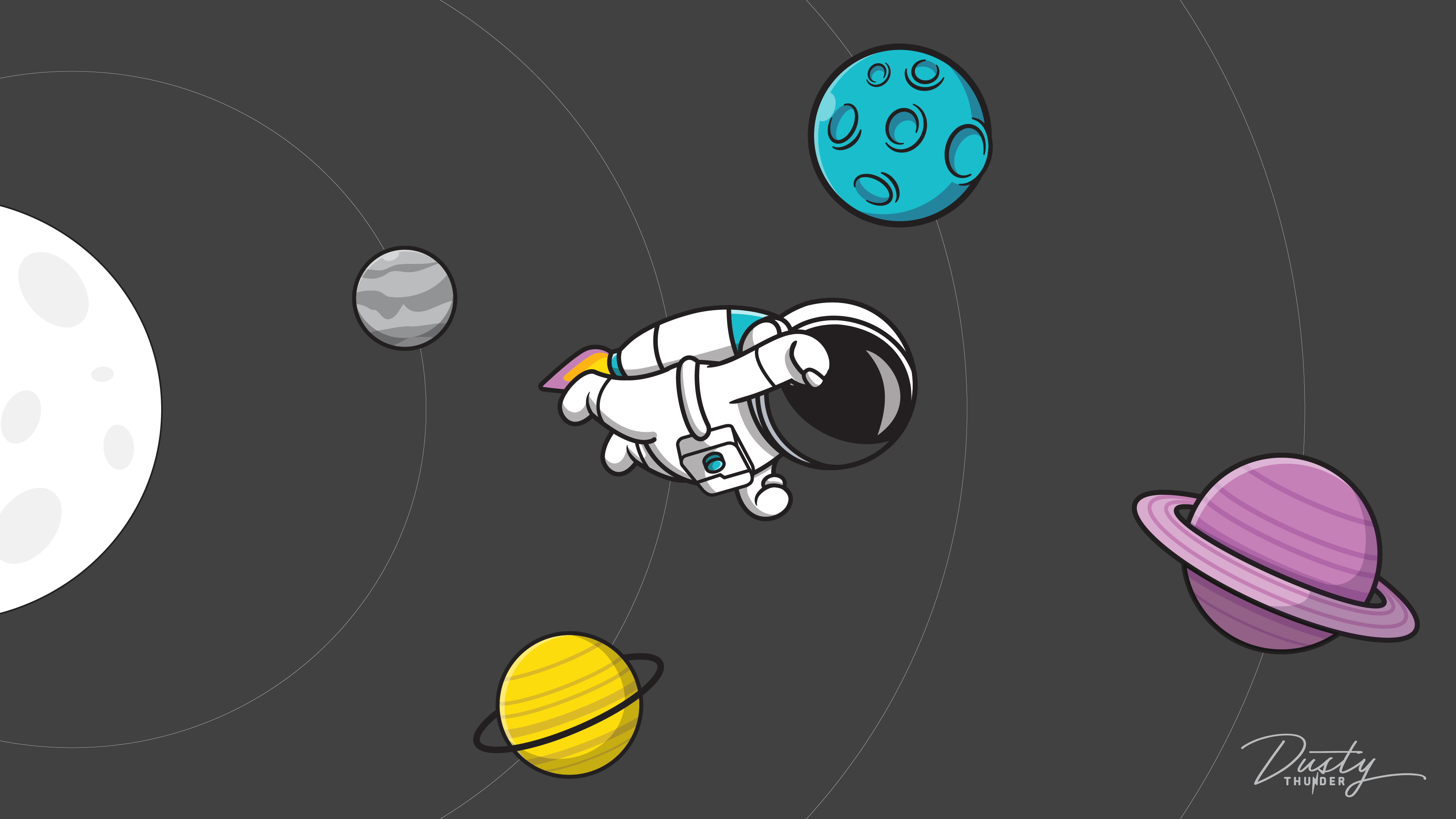 Cartoon astronaut floating in space near colorful planets with dark background and moon on the left.
