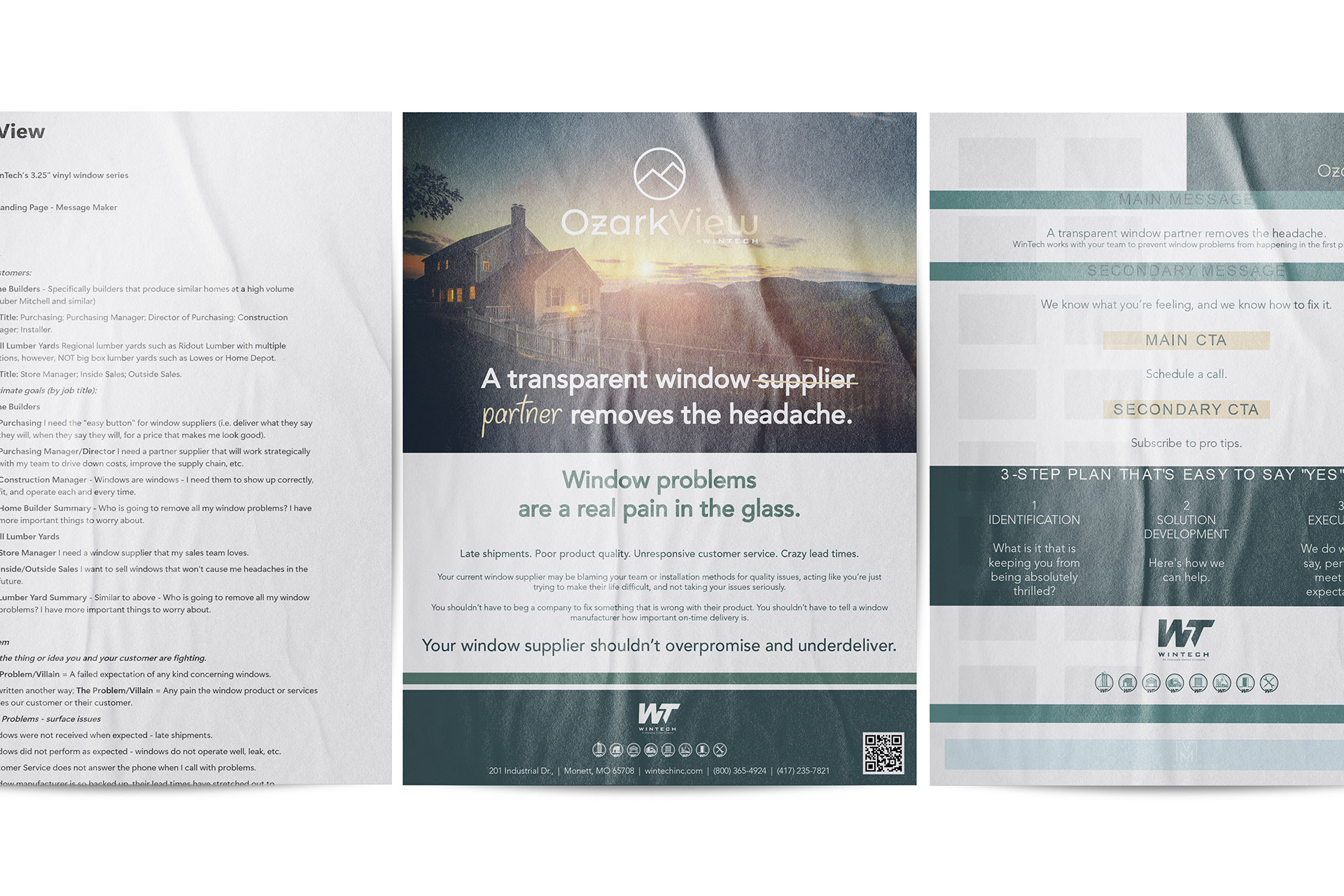 Promotional flyer for Ozark View WinTech featuring a sunrise over a house and text about transparent window suppliers solving window problems and a 3-step plan to address issues with window installation.