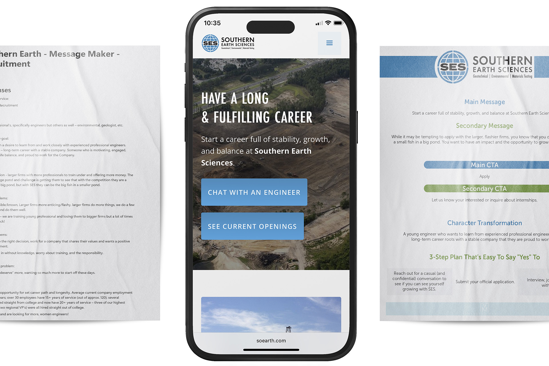 Mobile phone screen displaying Southern Earth Sciences recruitment site with career message, 'Have a long & fulfilling career,' and buttons to chat with an engineer or see current openings.