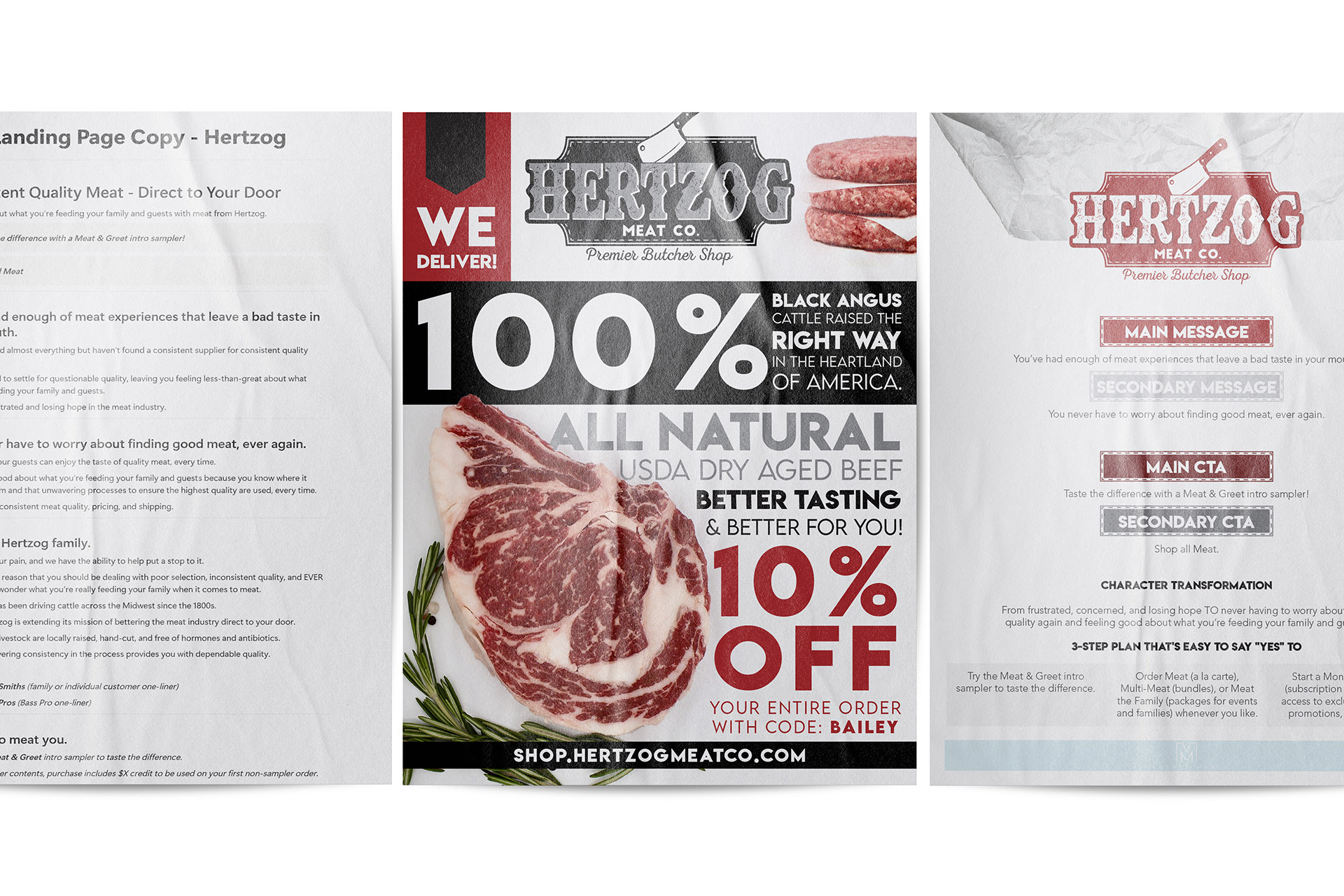 Advertisement for Hertzog Meat Co. featuring a raw ribeye steak with rosemary, promoting 100% Black Angus cattle raised in America, all natural USDA dry aged beef, and 10% off with code Bailey, with a website link at the bottom.