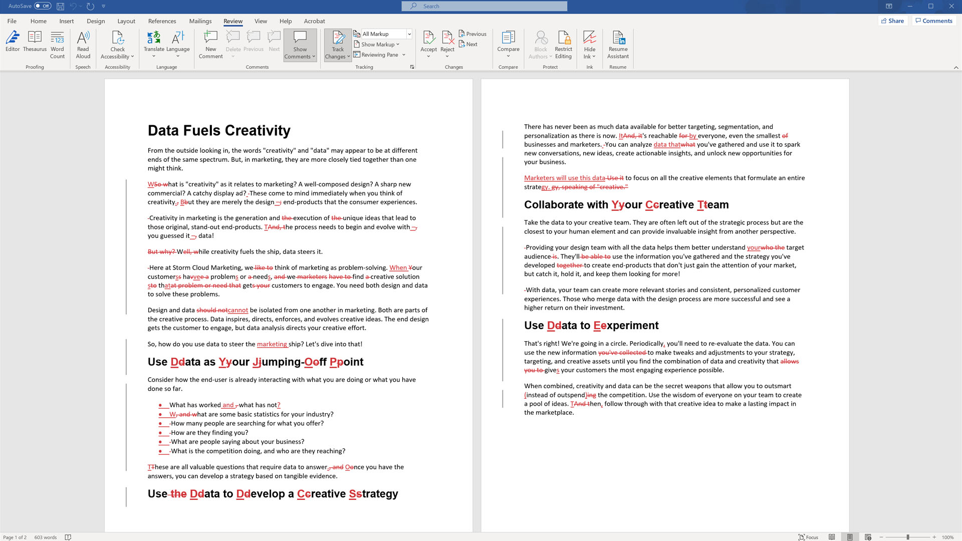 Word document with an article titled 'Data Fuels Creativity' showing tracked changes and edits in red across two pages in editing mode.