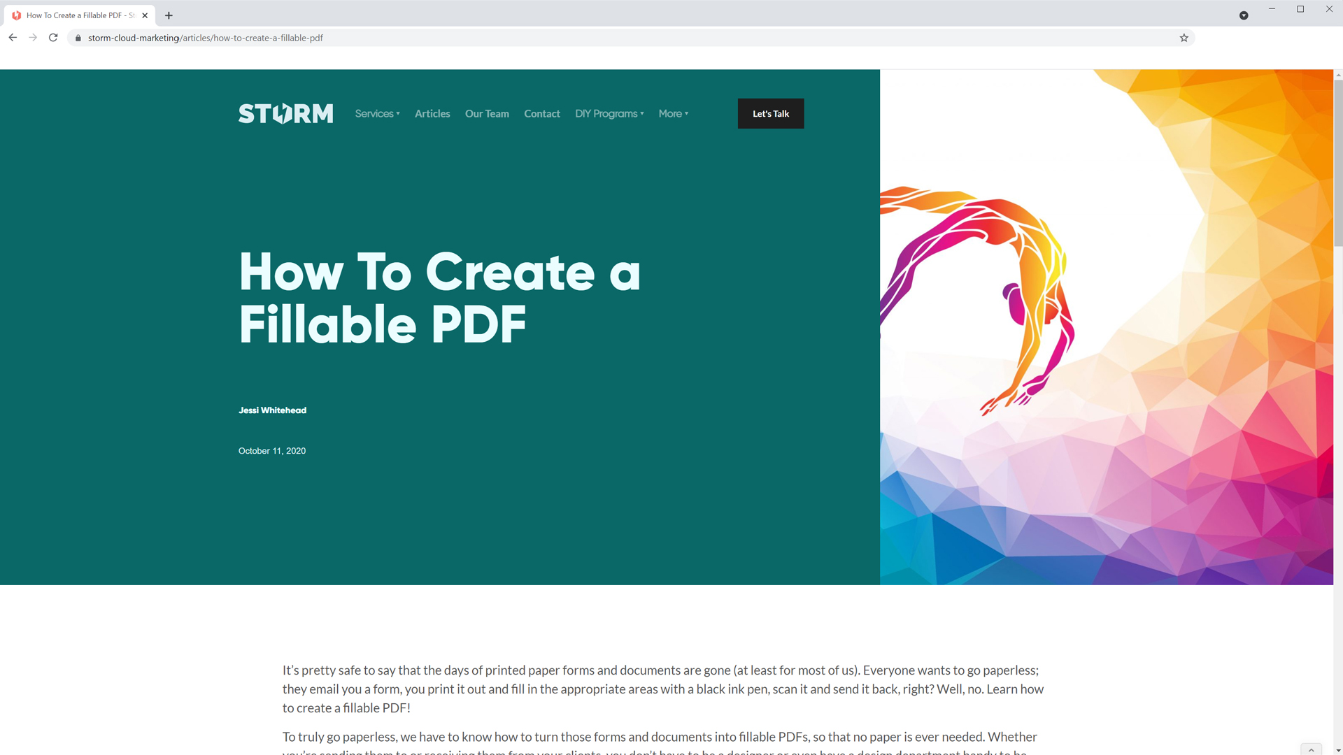 Website article titled How To Create a Fillable PDF with a colorful geometric figure of a gymnast on the right.