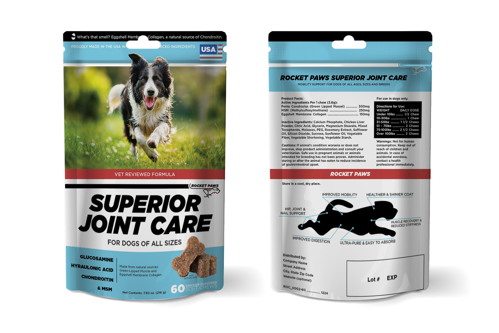 Front and back of Rocket Paws Superior Joint Care dog supplement packaging featuring a running Border Collie on front and product facts and dosage instructions on the back.
