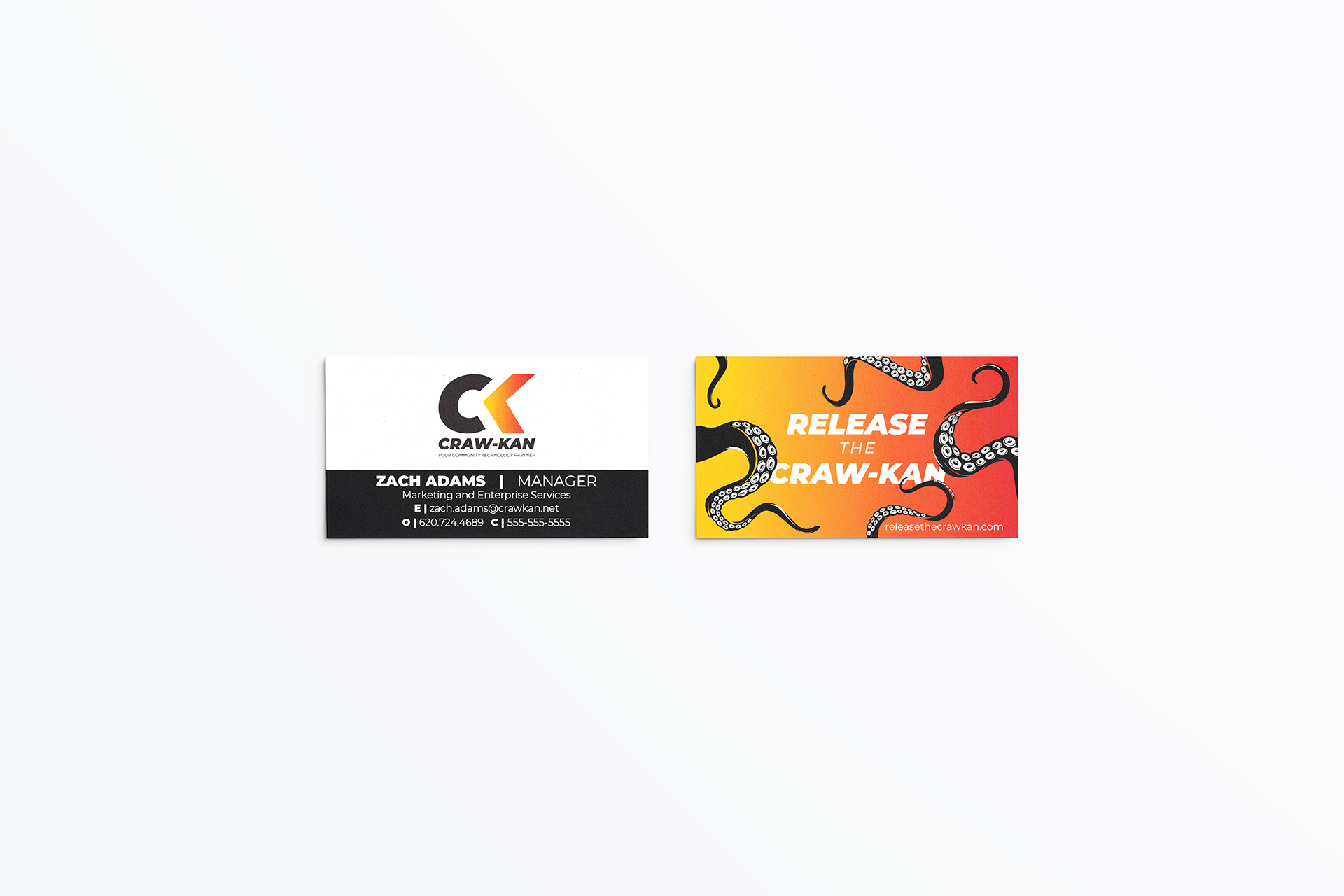 Two Craw-Kan business cards side by side, one with contact details for Zach Adams and the other with a colorful octopus tentacle design and 'Release the Craw-Kan' text.