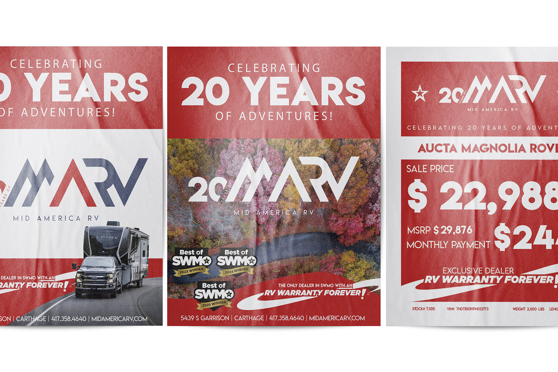 Three consecutive Mid America RV flyers celebrating 20 years of adventures with sale price and monthly payment details.