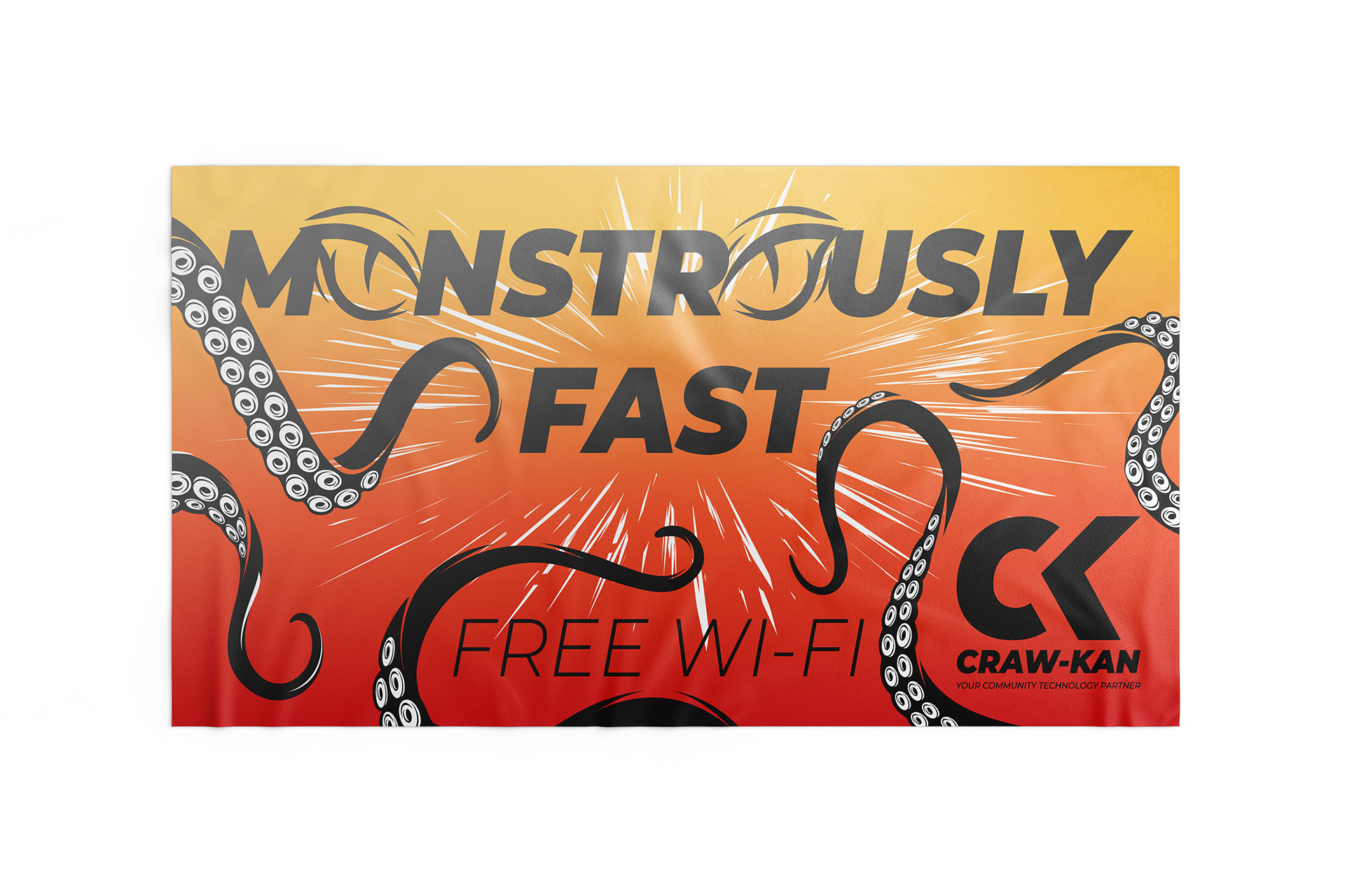 Banner with yellow to red gradient background featuring black octopus tentacles and bold text reading 'Monstrously Fast Free Wi-Fi' with Craw-Kan logo.