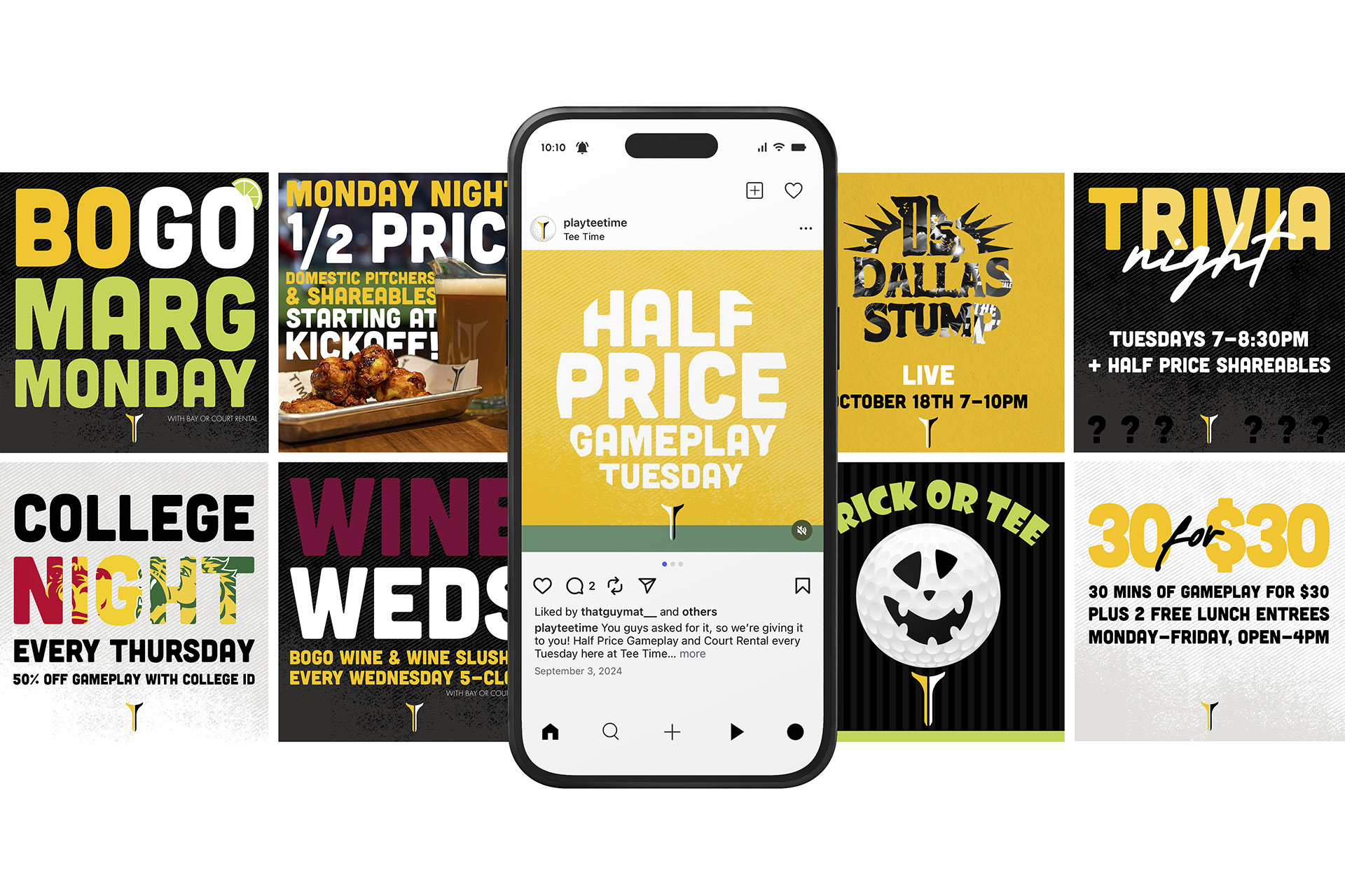 Collage of promotional posters for Tee Time specials including BOGO Margaritas on Monday, half-price domestic pitchers and shareables Monday night, half-price gameplay Tuesday, live music October 18th, trivia night Tuesdays, college night Thursdays with 50% off gameplay, BOGO wine and slushies Wednesday, Trick or Tee Halloween event, and a 30 for $30 gameplay and lunch deal Monday to Friday.