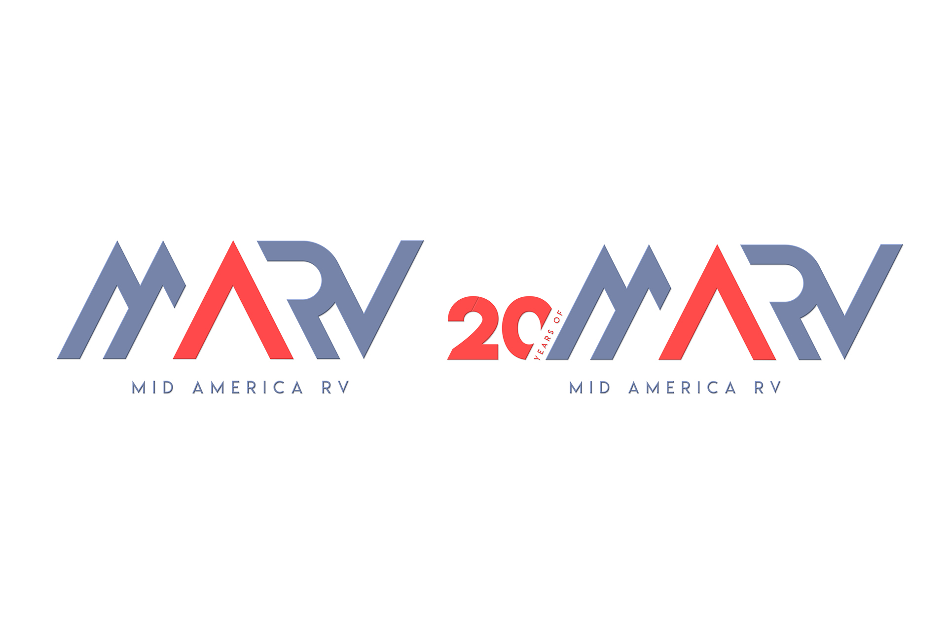 Two variations of Mid America RV logos, with stylized MARV letters in blue and red; one includes a red '20 years of' emblem between the logos.