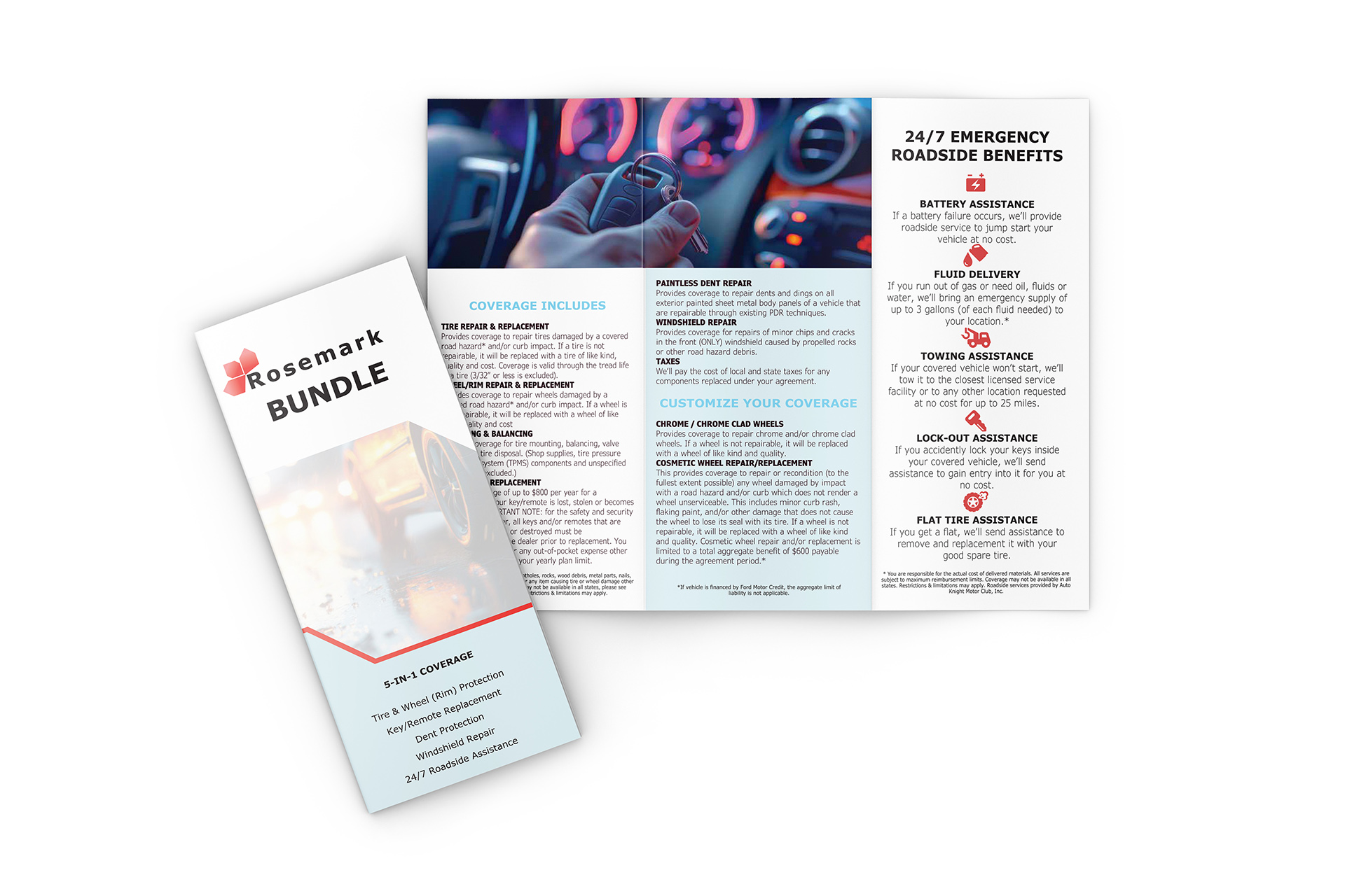 Trifold brochure titled 'Rosemark Bundle' showing coverage details including tire and wheel protection, key replacement, dent repair, windshield repair, and 24/7 emergency roadside benefits.