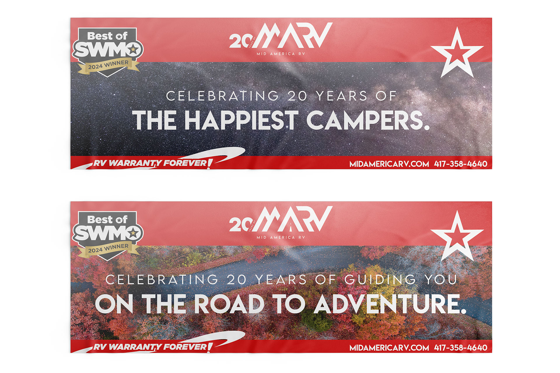 Two Mid America RV banners celebrating 20 years with slogans 'The Happiest Campers' over a starry sky and 'On the Road to Adventure' over autumn forest, featuring Best of SWMO 2024 winner badge and contact info.
