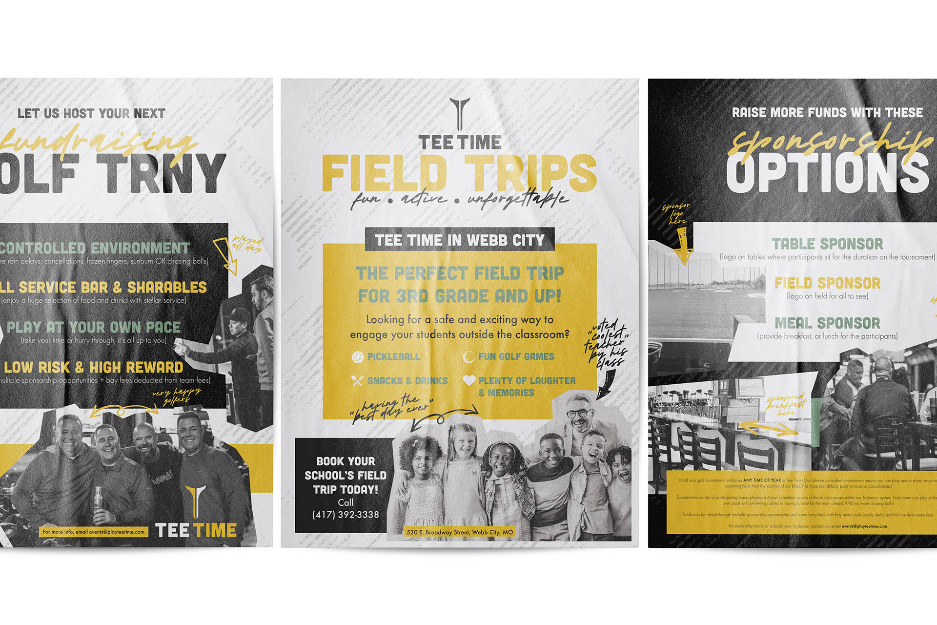 Three flyers promoting Tee Time services: fundraising golf tournament with full service bar, school field trips for 3rd grade and up featuring pickleball and golf games, and sponsorship options with table, field, and meal sponsors.