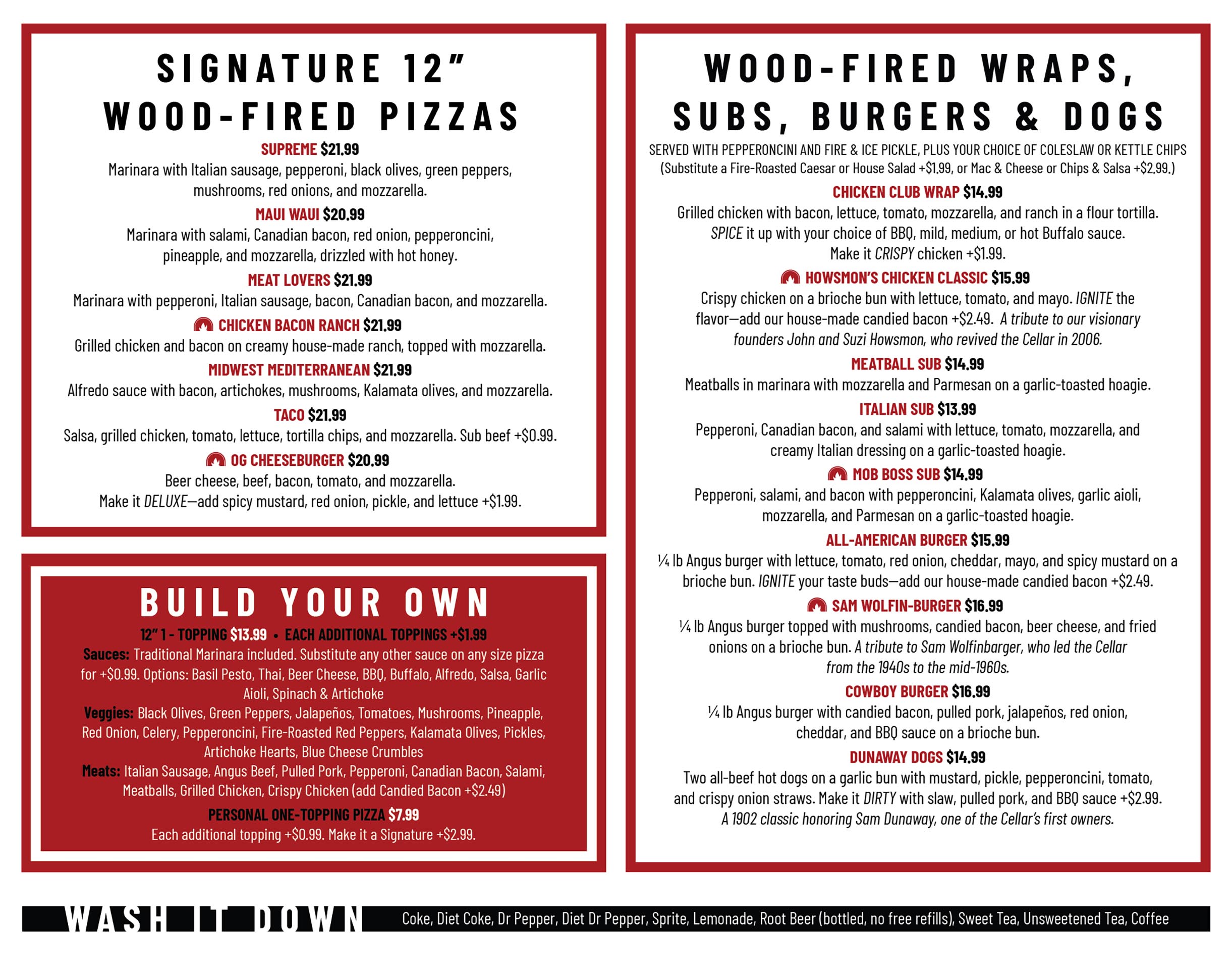 Menu showing Signature 12-inch wood-fired pizzas including Supreme, Maui Waui, Meat Lovers, Chicken Bacon Ranch, Midwest Mediterranean, Taco, and OG Cheeseburger; Wood-fired wraps, subs, burgers, and hot dogs featuring Chicken Club Wrap, Howsmon’s Chicken Classic, Meatball Sub, Italian Sub, Mob Boss Sub, All-American Burger, Sam Wolfin-Burger, Cowboy Burger, and Dunaway Dogs; and a Build Your Own pizza section with sauces, veggies, and meats options; bottom banner lists soft drink options.