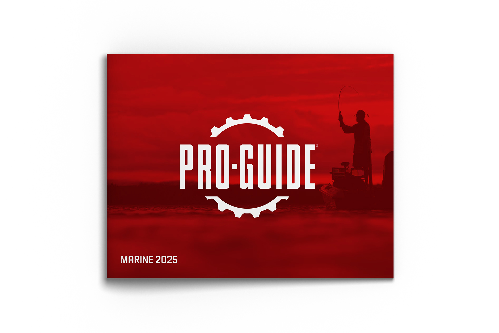 Red cover of the Pro-Guide Marine 2025 catalog featuring a silhouette of a person fishing from a boat.