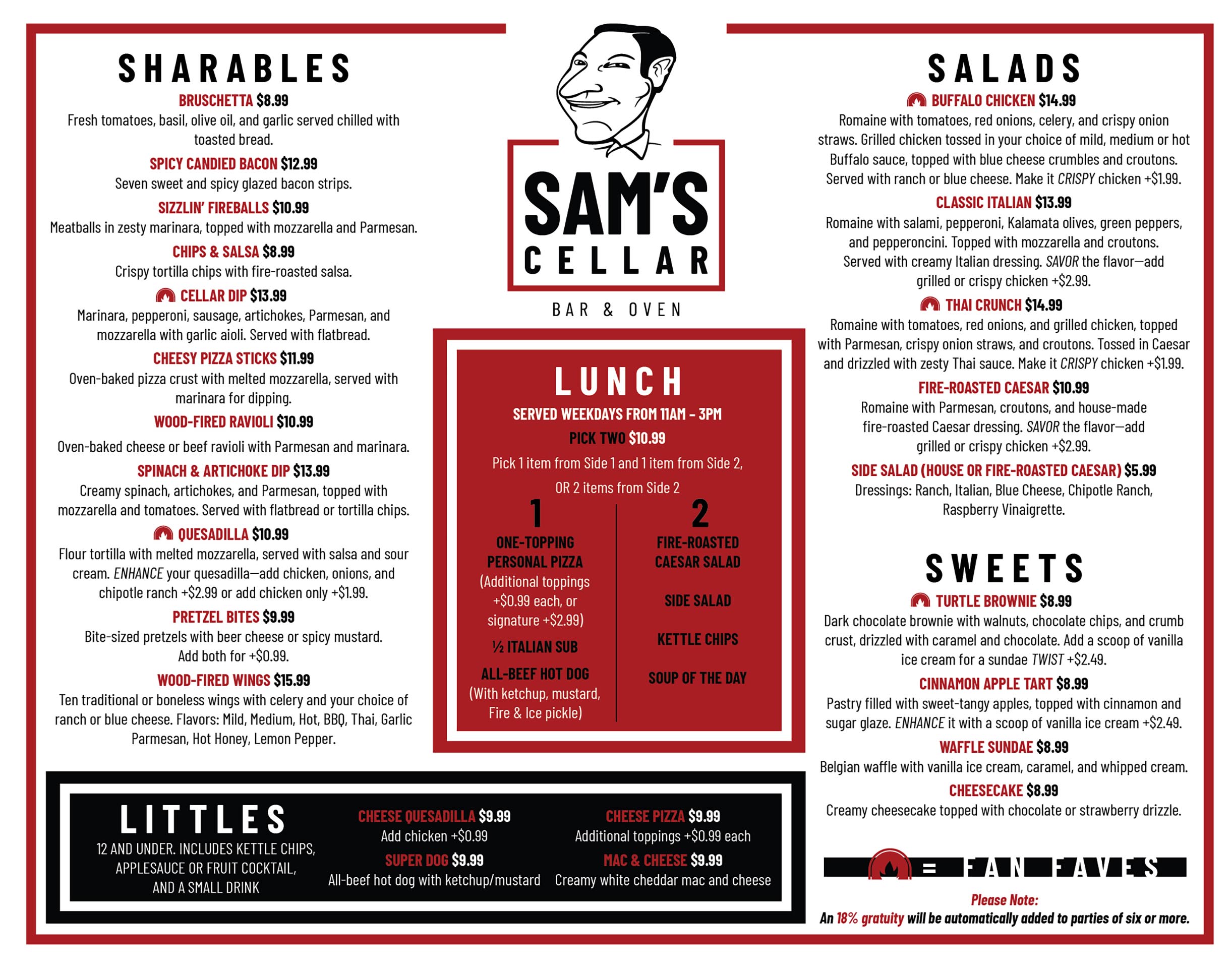 Sam's Cellar restaurant menu featuring Sharables like bruschetta, spicy candied bacon, and wood-fired wings; Lunch options served weekdays with pick two choices including personal pizza, Caesar salad, and hot dog; Salads such as Buffalo chicken, classic Italian, and Thai crunch; Sweets including turtle brownie, cinnamon apple tart, waffle sundae, and cheesecake; and Littles menu for kids 12 and under with items like cheese quesadilla and mac & cheese.