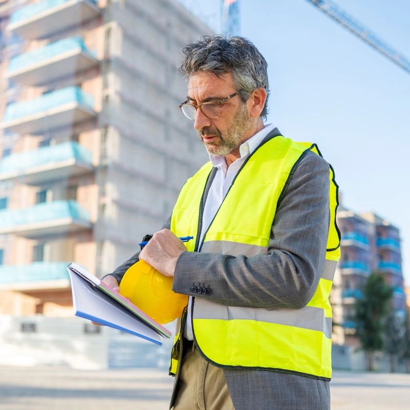 a person in a safety vest is holding a clipboard while standing in front of a construction site