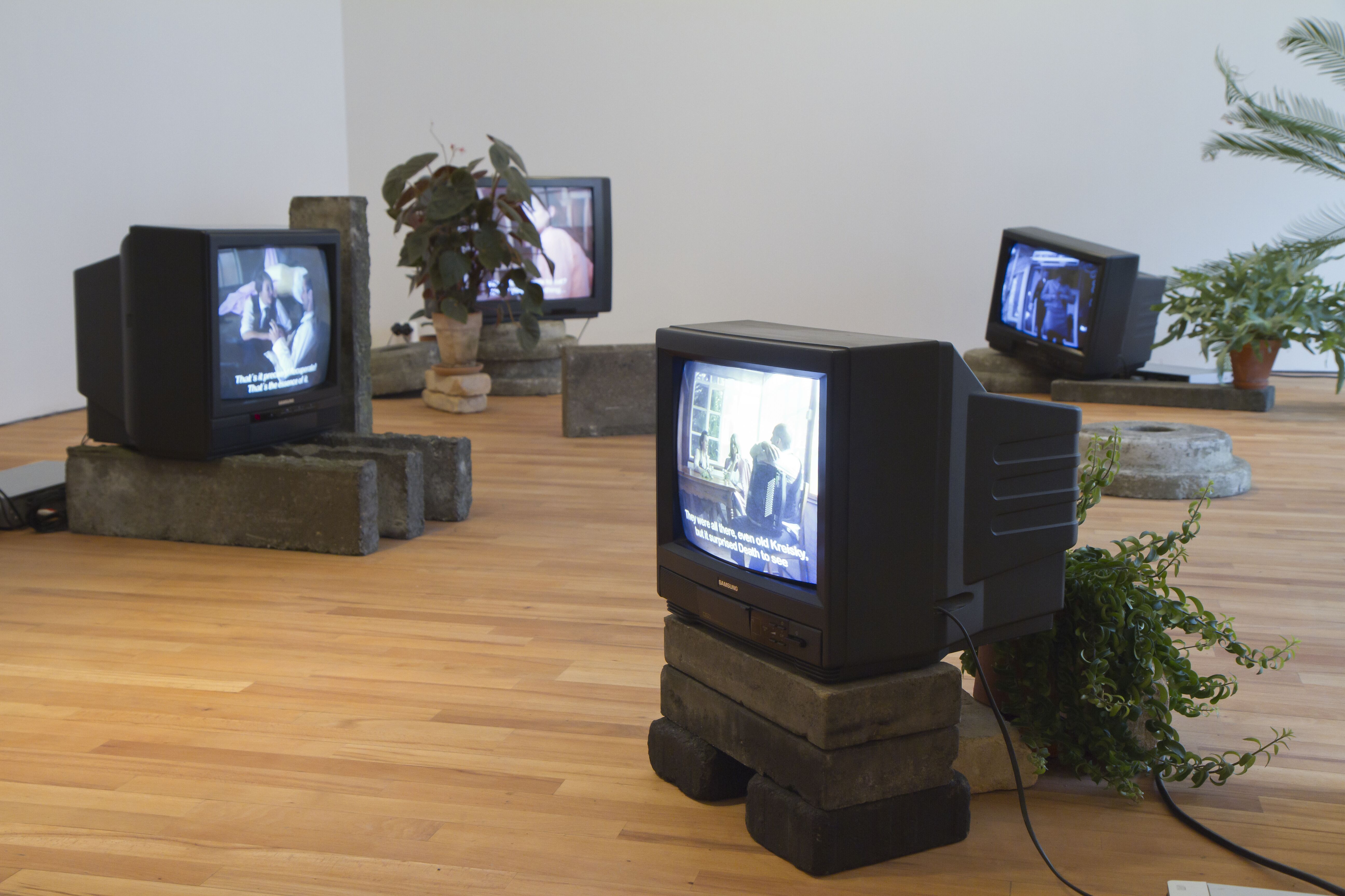 Kerstin Cmelka, Microdramas–City Garden Version Malmö, 2012. Videoinstallation med fyra monitorer, sten och växter.
