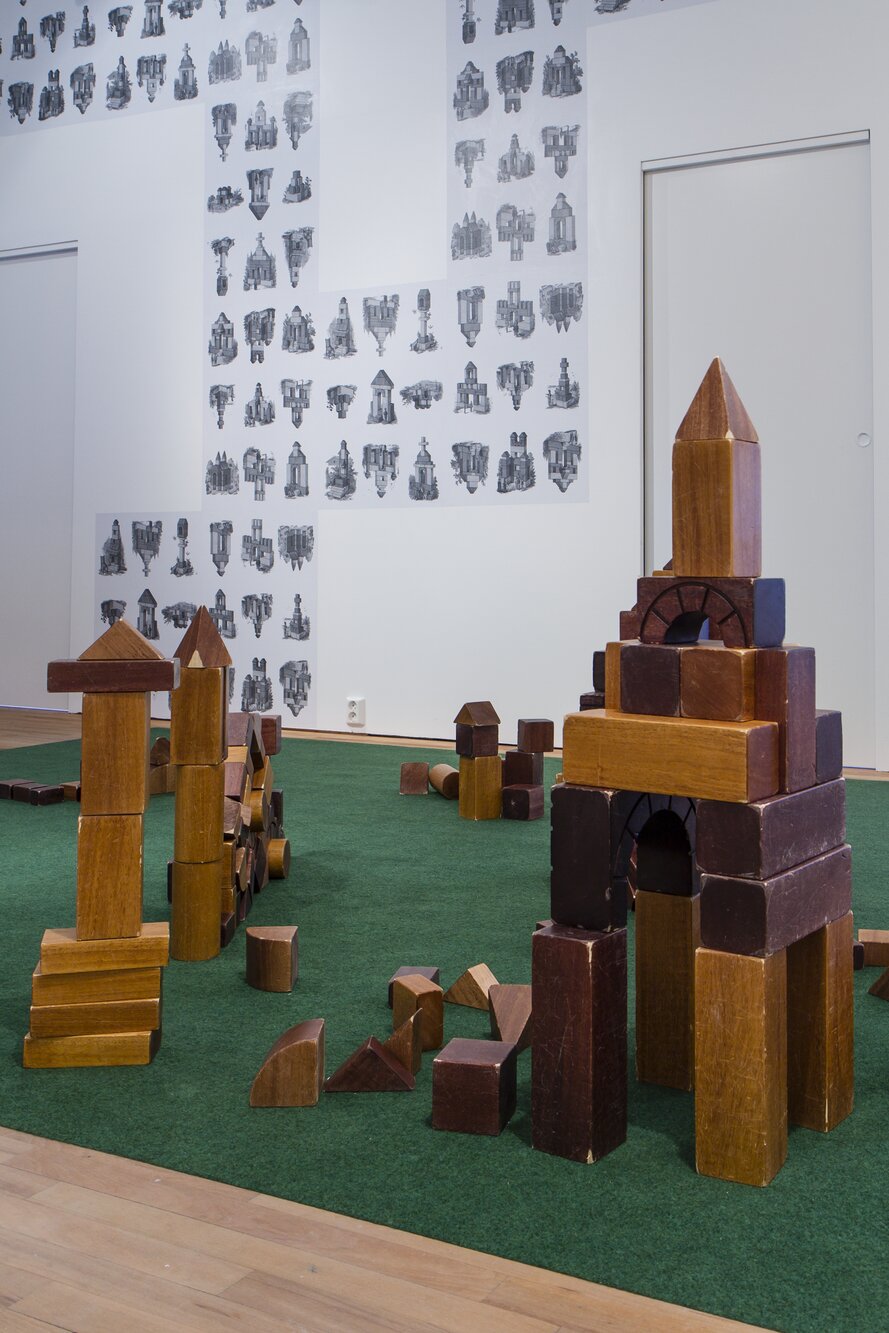 Olivia Plender, Social Construction, 2012. Wooden blocks and printed posters. Detail.