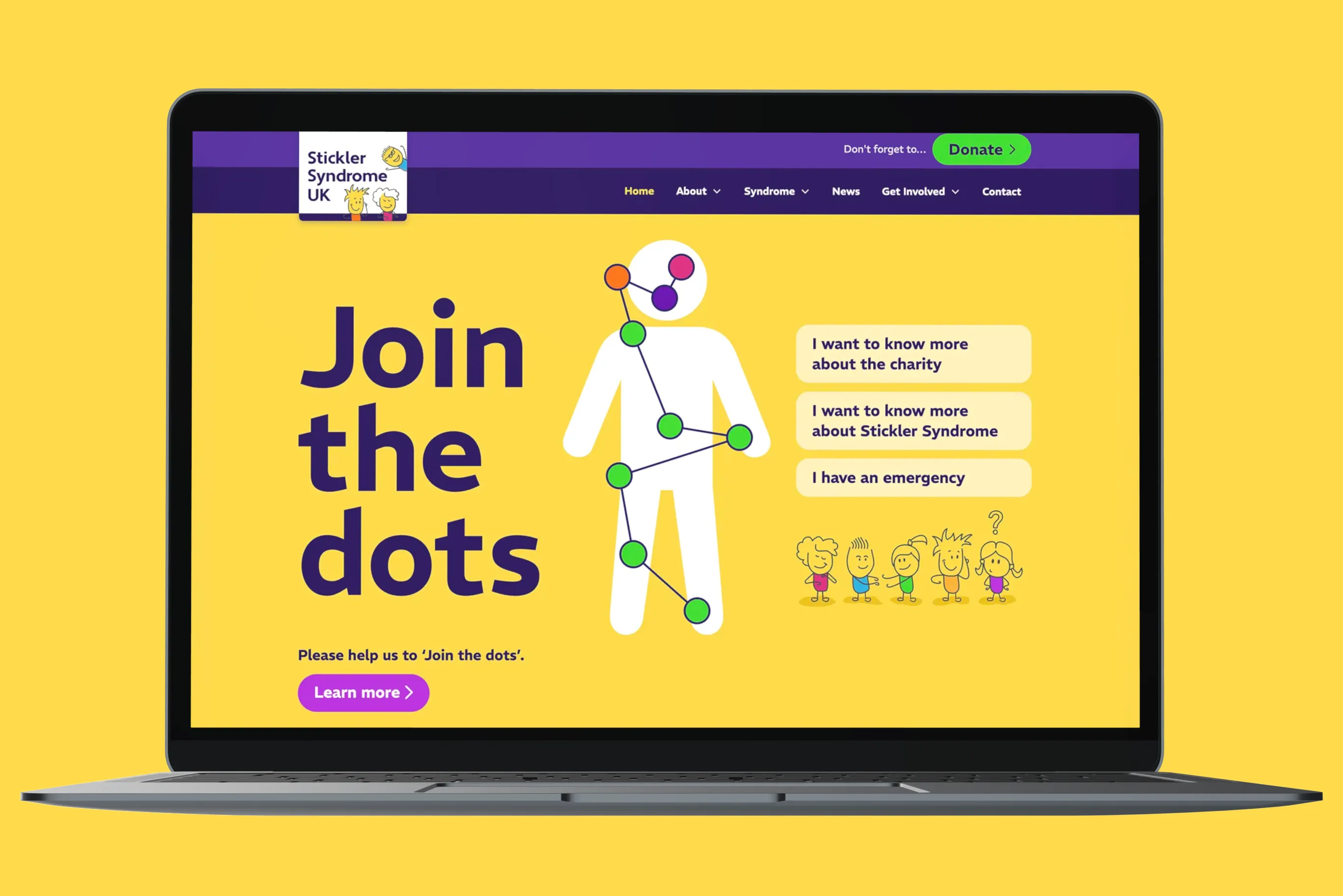 Laptop screen showing Stickler Syndrome UK website homepage with 'Join the dots' text and a stylized human figure connected by colored dots.
