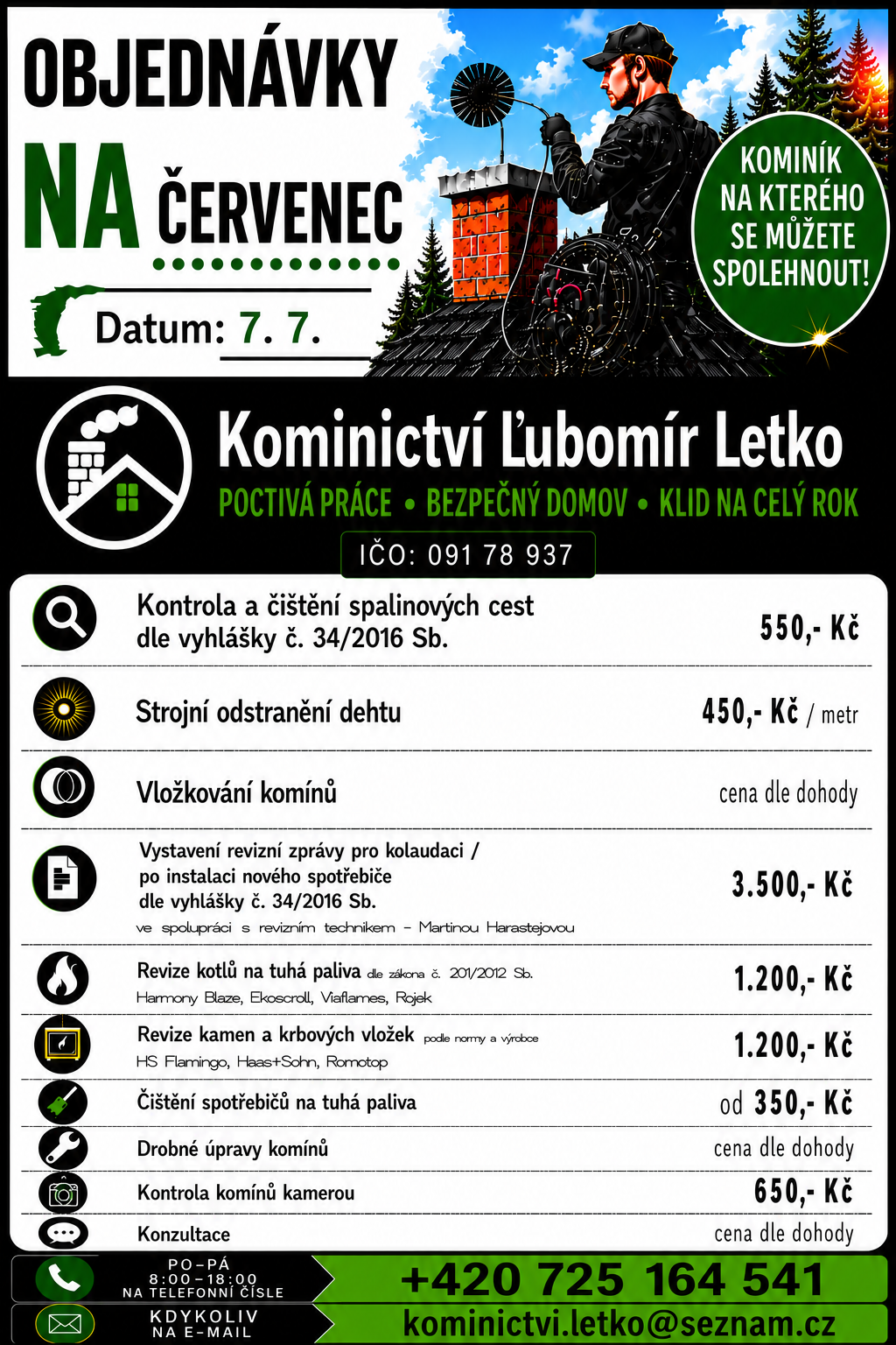 Kominictví Letko nabízí služby 07.07.2026