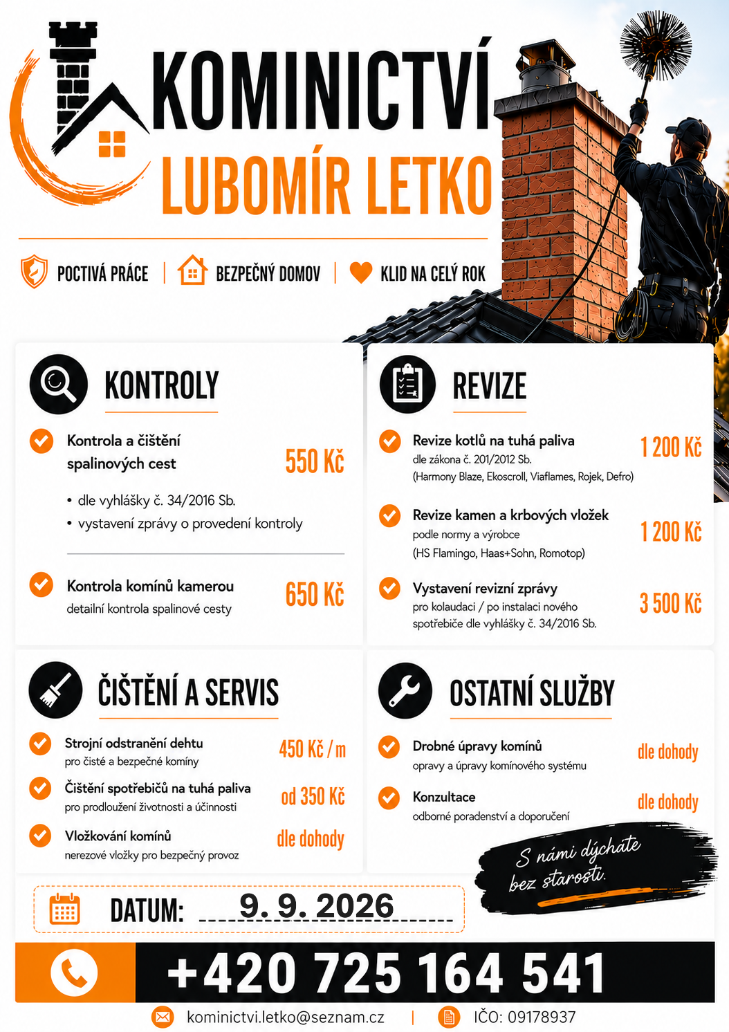 Kominictví Lubomír Letko - nabídka služeb 09.09.2026