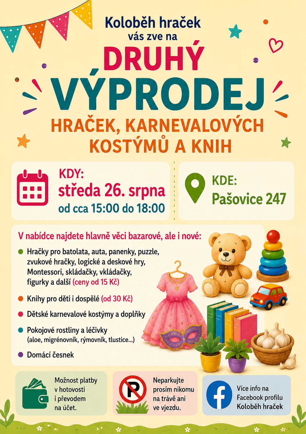 Výprodej hraček, karnevalových kostýmů a knih