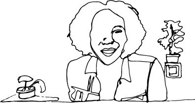 Single line drawing illustration of Alison, smiling with plants around