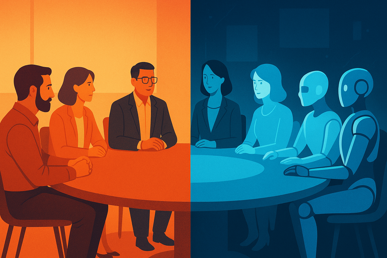 People and robots sitting around a conference table